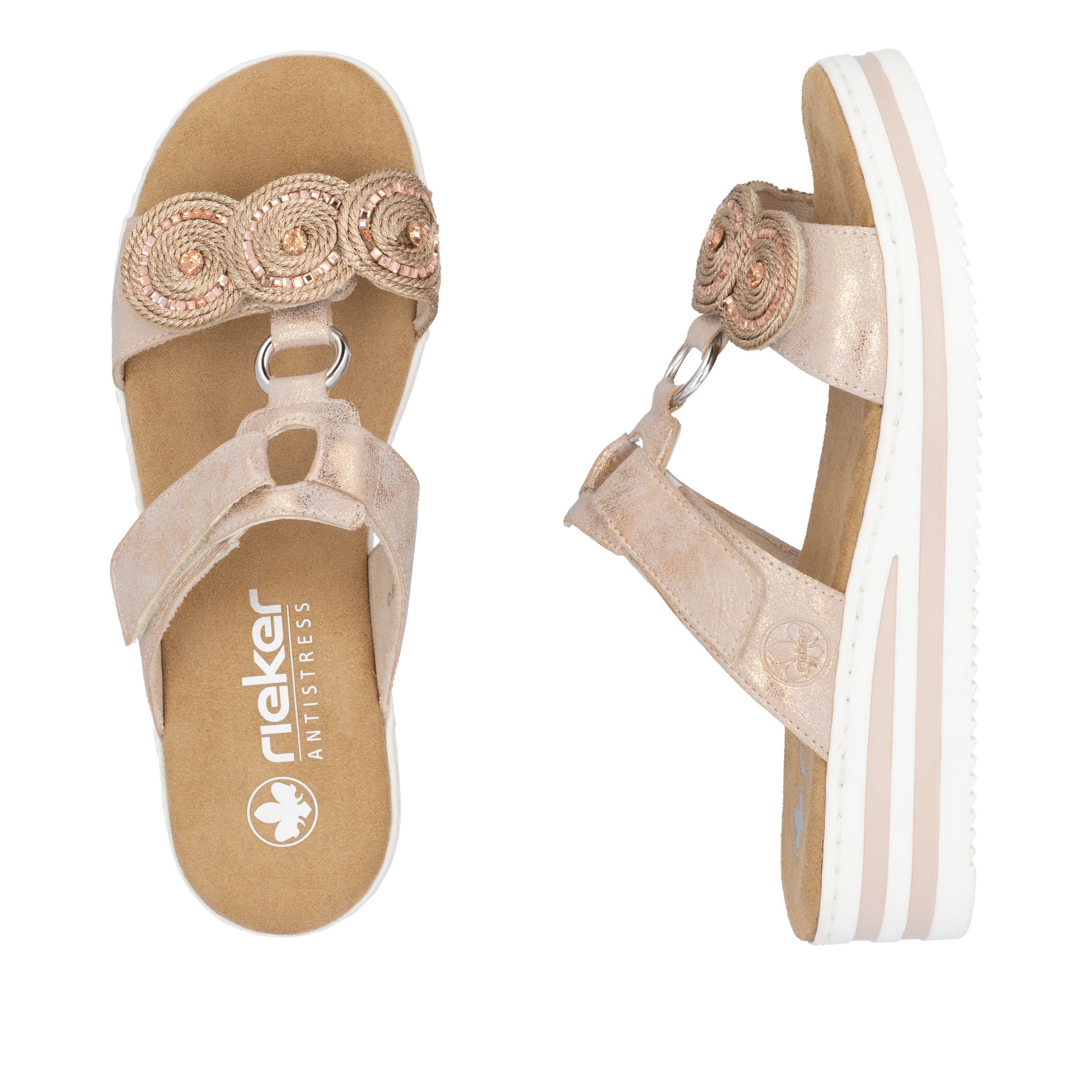 Rieker Pantolette  Chaussure d'été, chaussure de vacances avec pierres pailletées, aspect métallique