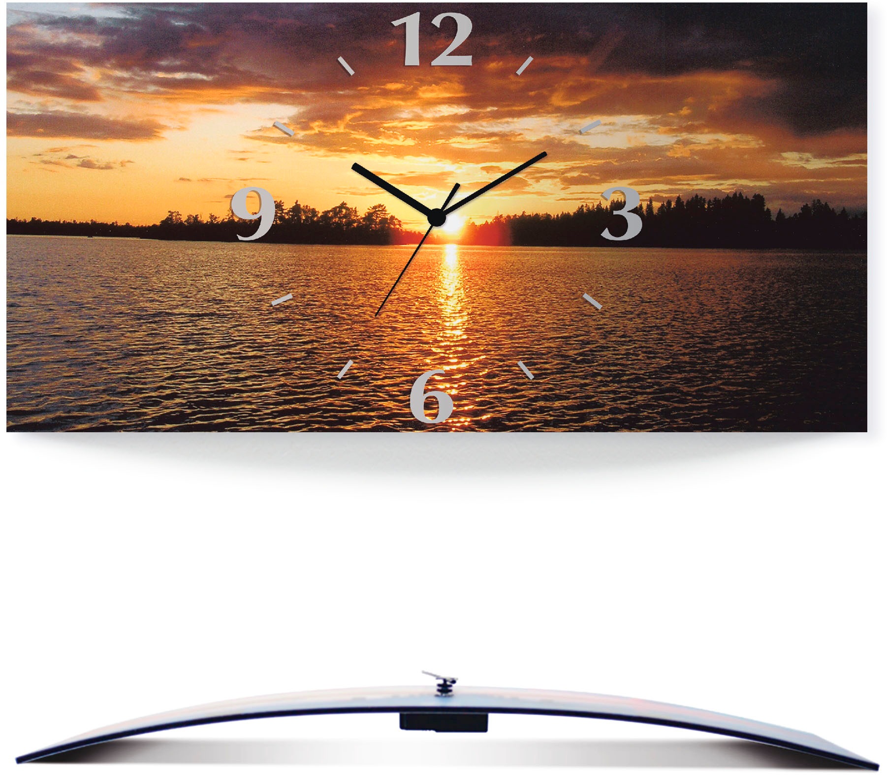 Image of Artland Wanduhr »Sonnenuntergang am See«, 3D Optik gebogen, lautlos, ohne Tickgeräusche, nicht tickend, geräuschlos - wählbar: Funkuhr o. Quarzuhr, moderne Uhr für Wohnzimmer, Küche etc. - Stil: modern bei Ackermann Versand Schweiz
