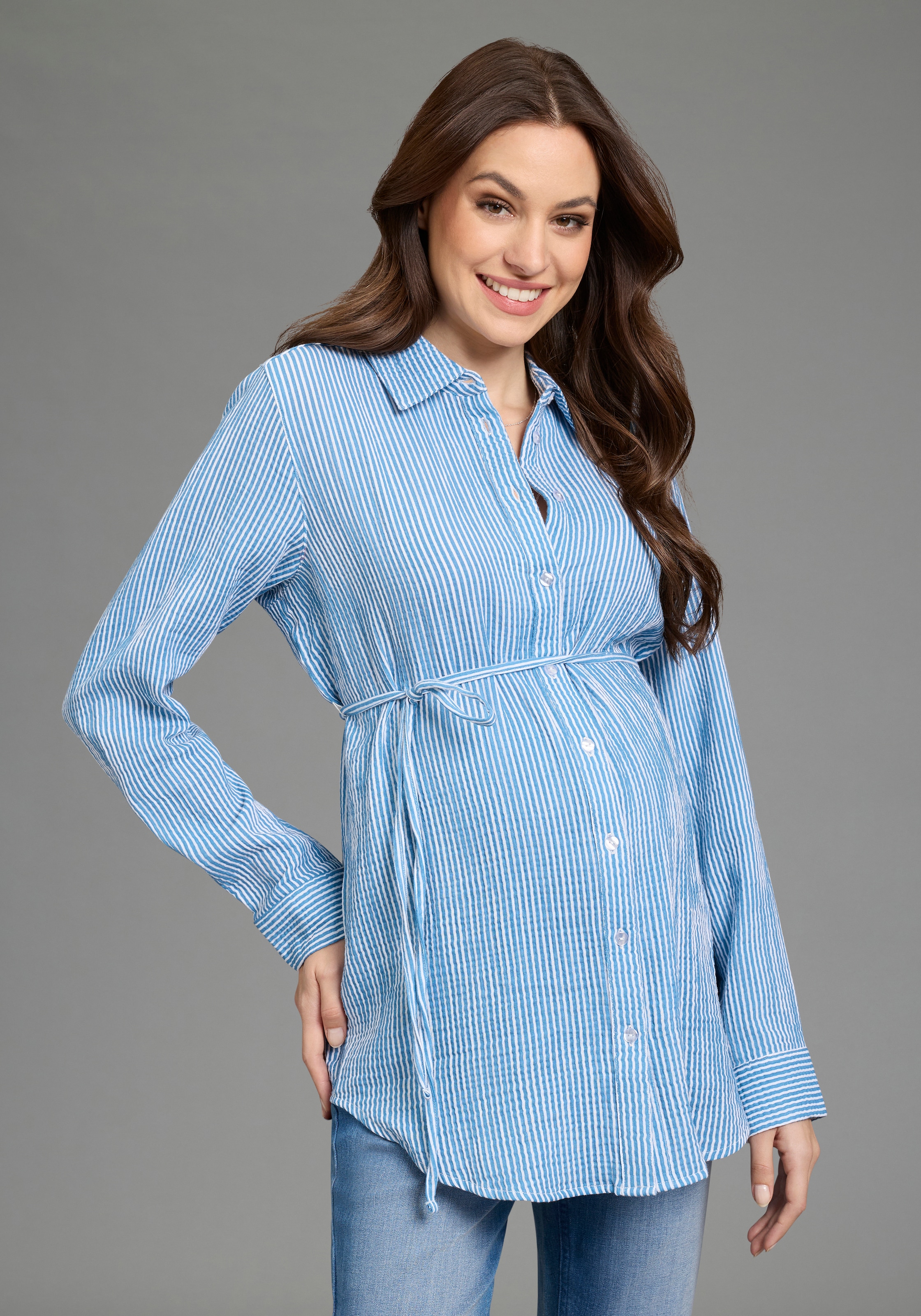 Image of Neun Monate Umstandsshirt "Umstands-Bluse, Musselin, Streifenbluse" mit Blusenkragen, mit Bindebändern, mit Knopfleiste, langärmlig
