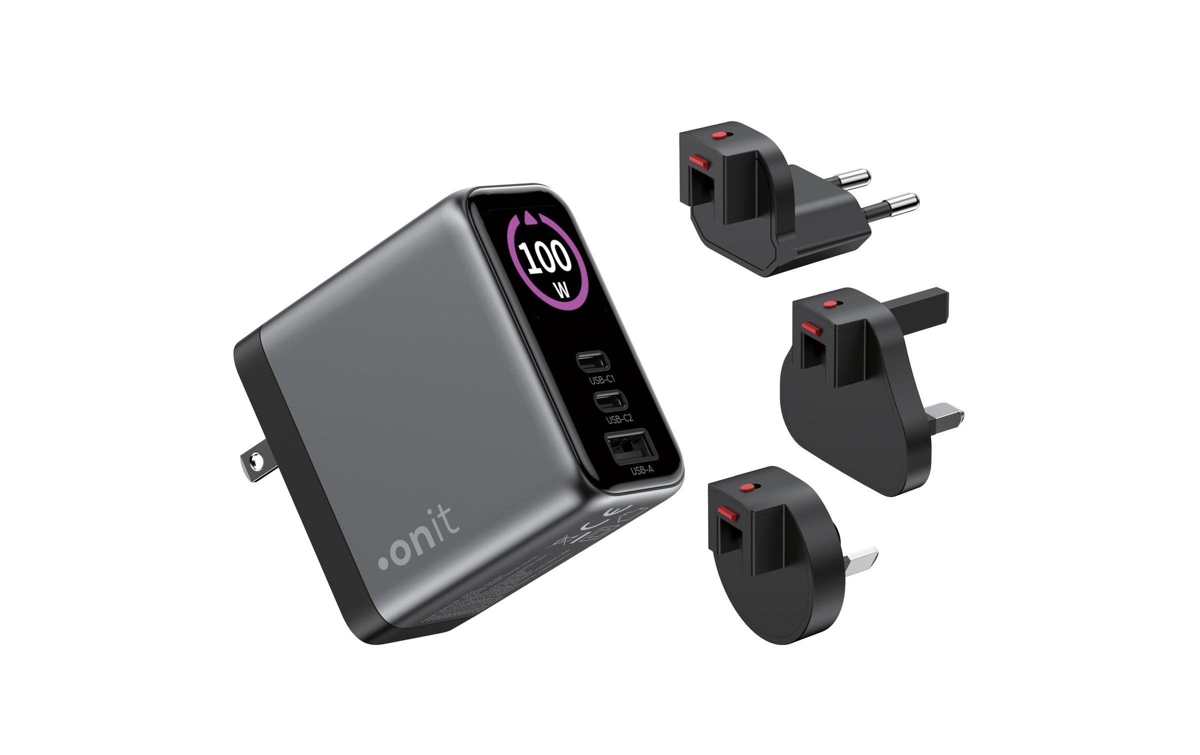 onit Chargeur USB »Travel 2C1A 100 W GaN« Chargeur de voyage avec adaptateurs interchangeables pour utilisation mondiale