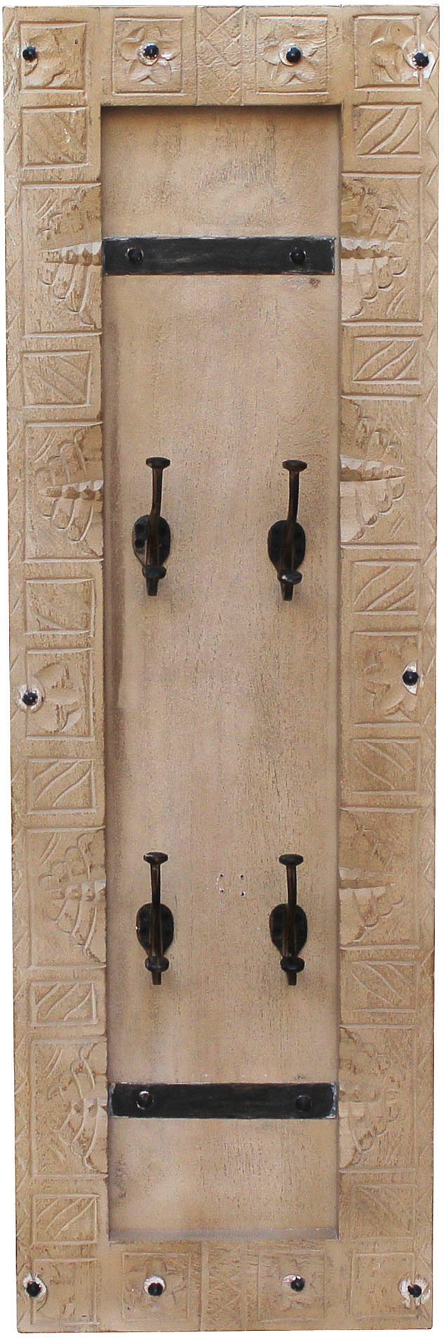 Image of SIT Garderobenpaneel "Cádiz aus Mangoholz mit Schnitzereien & 4 Doppelhaken" Aufwendige Schnitzereien
