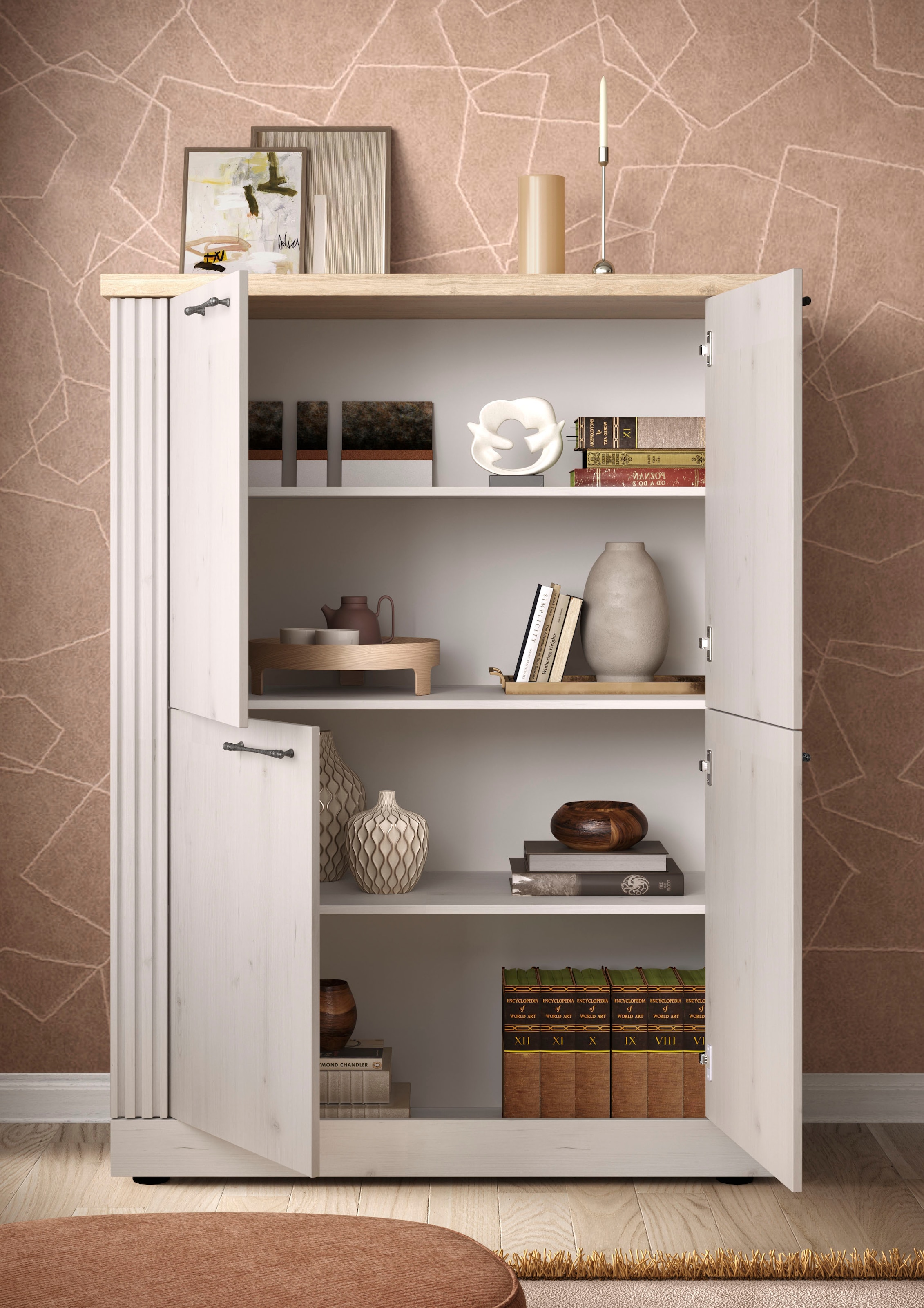 Home affaire Highboard »Country Höhe 160 cm u. Breite 118 cm, Kommode mit 4 Türen,«, Schrank im Landhausstil, viel Stauraum, mit Metallgriffe, MDF-Rahmen
