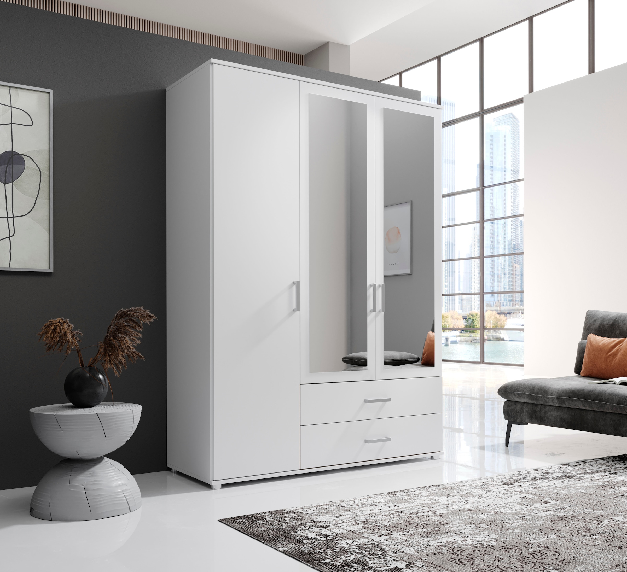 Schlafkontor Armoire à portes battantes »Ivar Kleiderschrank mit Spiegel« inklusive 2 Spiegeltüren und 2 farblich abgesetzten Schubkästen