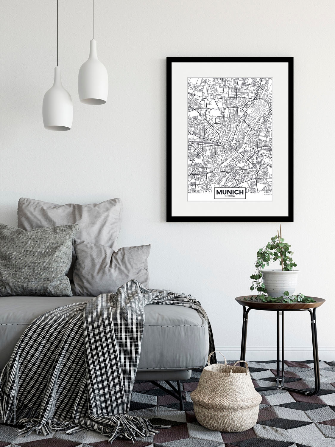Image of queence Bild "Munich Stadtkarte" Deutschland München Schriftzug Schwarz-Weiss Stadt Städte 1 Stk. tlg. HD Premium Poster-Druck inkl. Holzrahmen