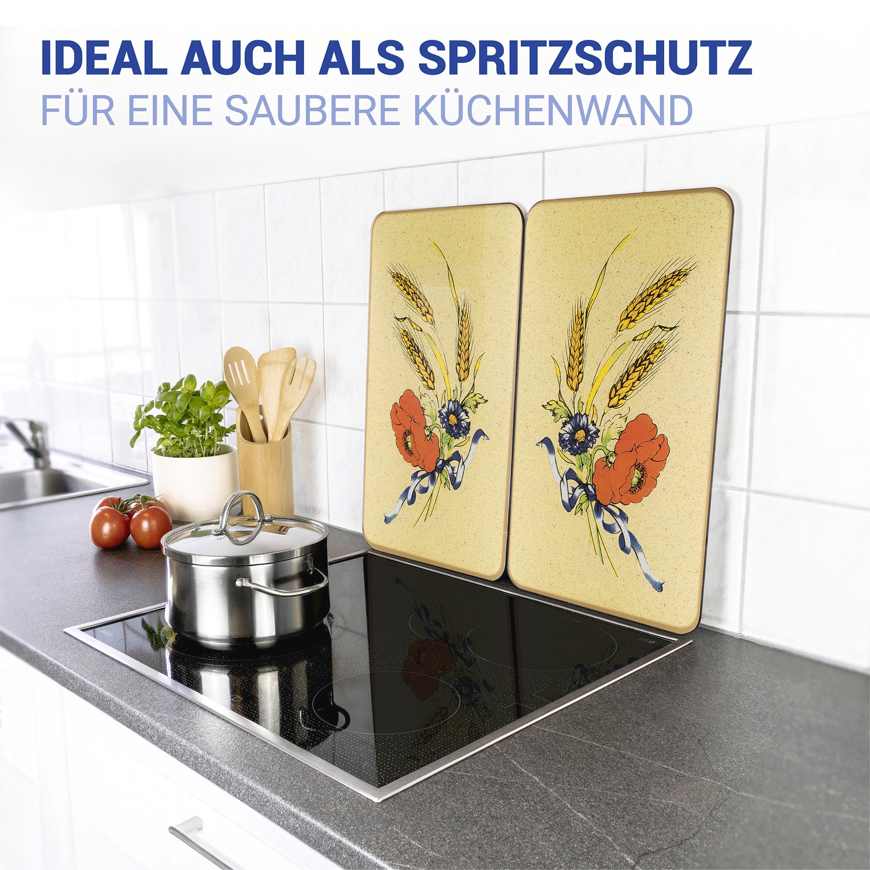 WENKO Herd-Abdeckplatte »Universal Modell Kornblumen«, (Set, 2 tlg.), Herdabdeckung für alle Herdarten, kratzfest, mit rutschfesten Füssen