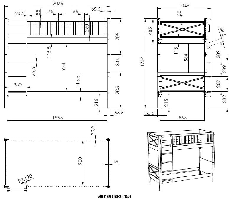 Vipack Etagenbett Made in Europe,  Etagenbettbett mit 2 Liegeflächen 90 x 200 cm