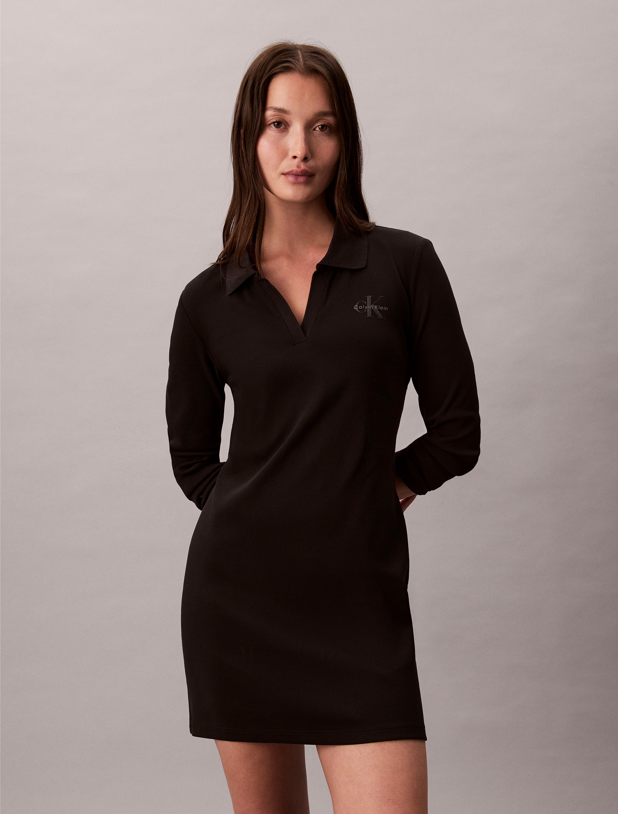 Image of Calvin Klein Jeans Minikleid "LS MONOLOGO RIB POLO MINI DRESS" Ohne Taschen Polokragen, V-Ausschnitt, figurbetont