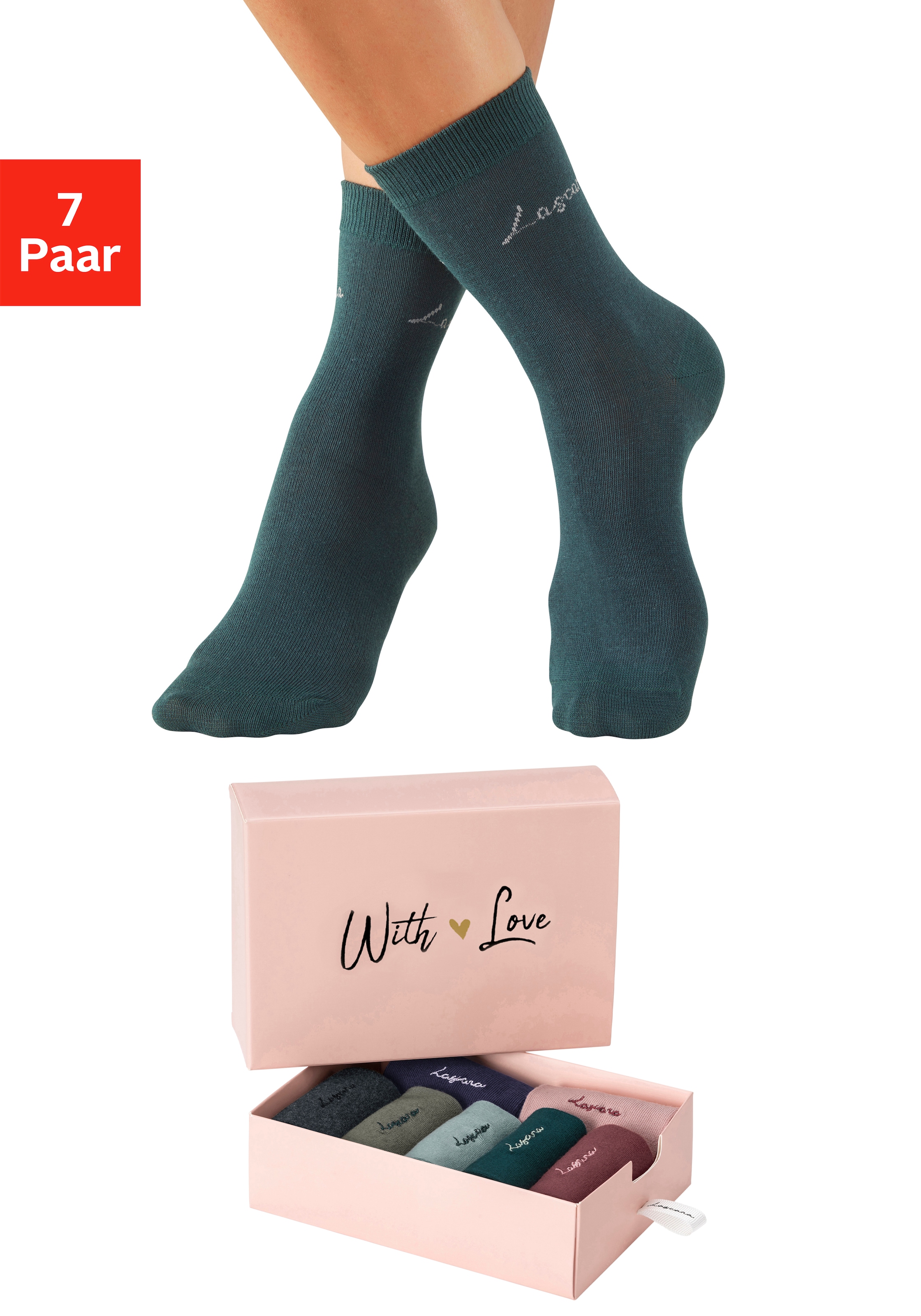 Image of LASCANA Basicsocken "für Damen mit eingestricktem Markenlogo" Box, 7 Paar tlg. in ansprechender Geschenkbox