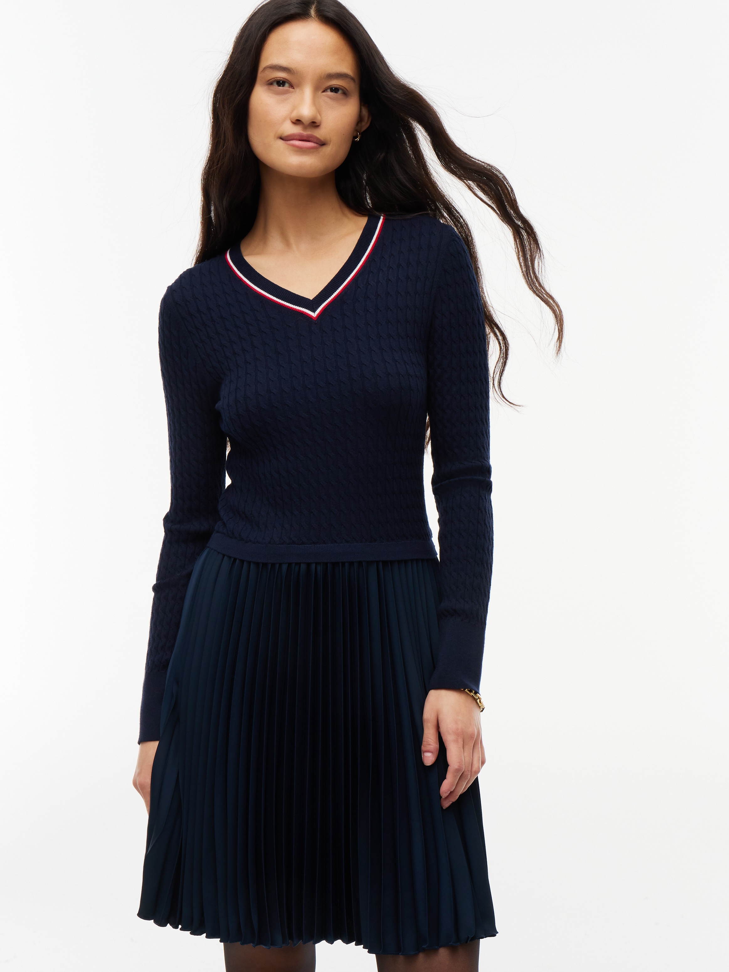 Image of Tommy Hilfiger Strickkleid "PREPPY MIX MEDIA MINI DRESS" Kunstfaser, Zopfstrickmuster