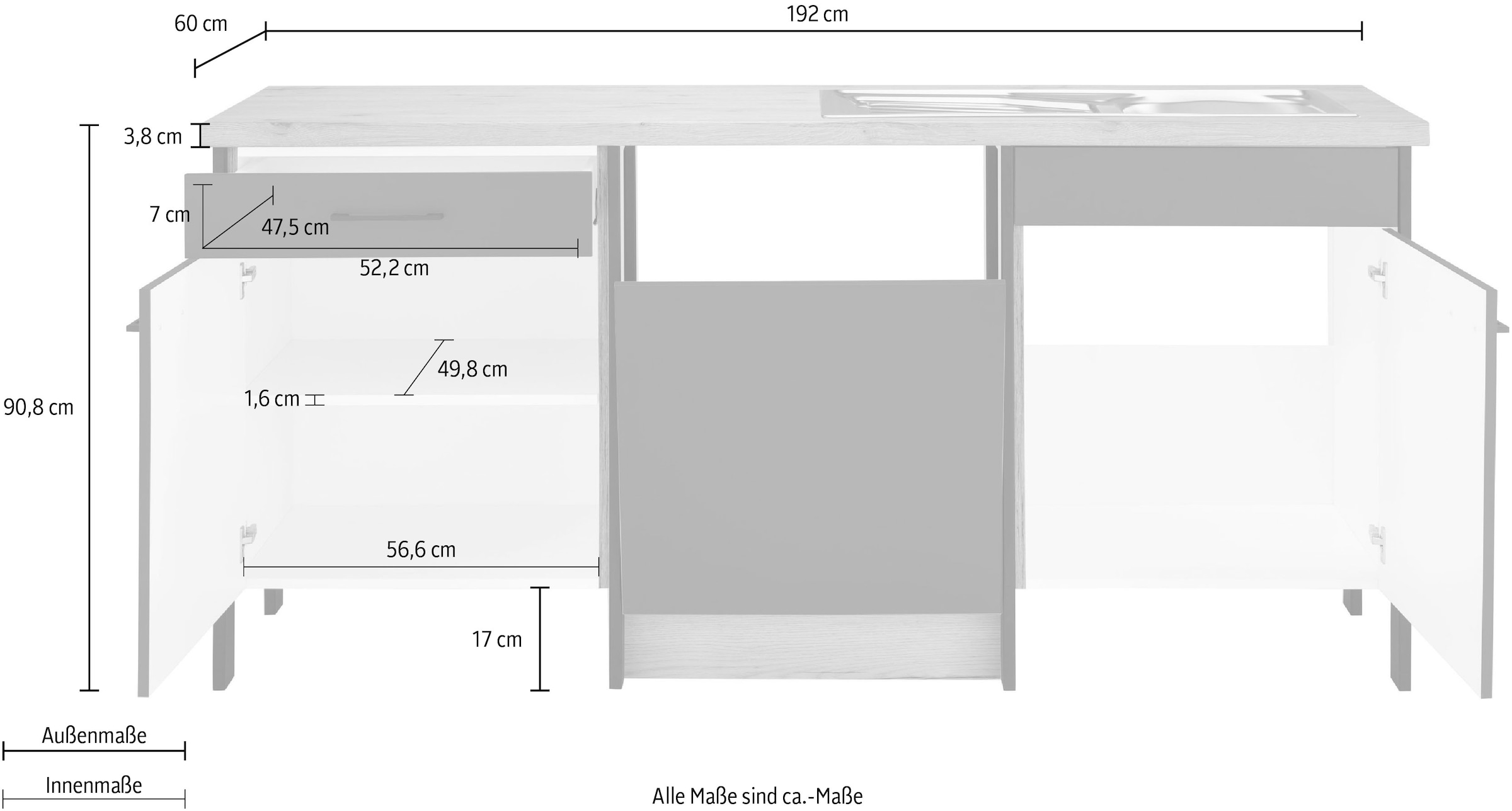 OPTIFIT Spülenschrank »Tokio«, 192 cm breit, mit Stahlgestell, mit Vollauszug