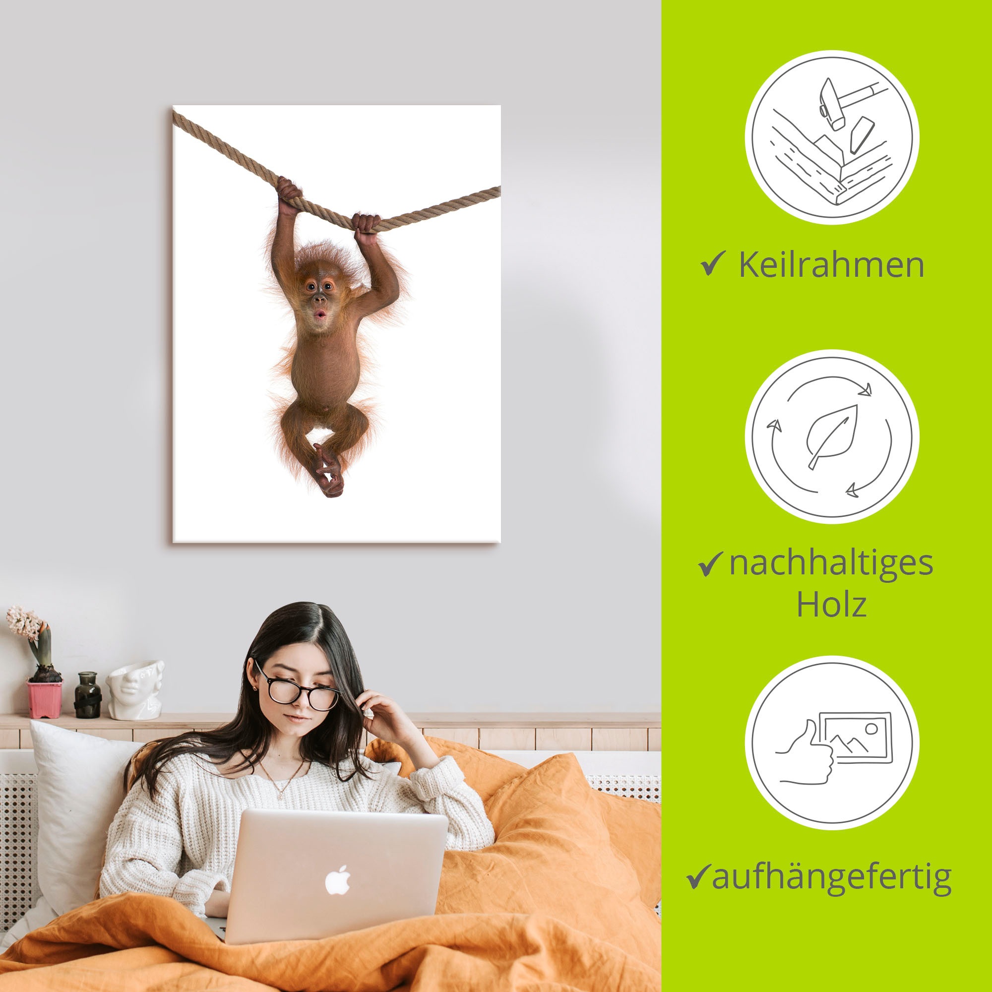 Artland Tableau sur toile »Baby Orang Utan hängt an Seil II« 1 cuis tlg. auf Holzrahmen gespannt