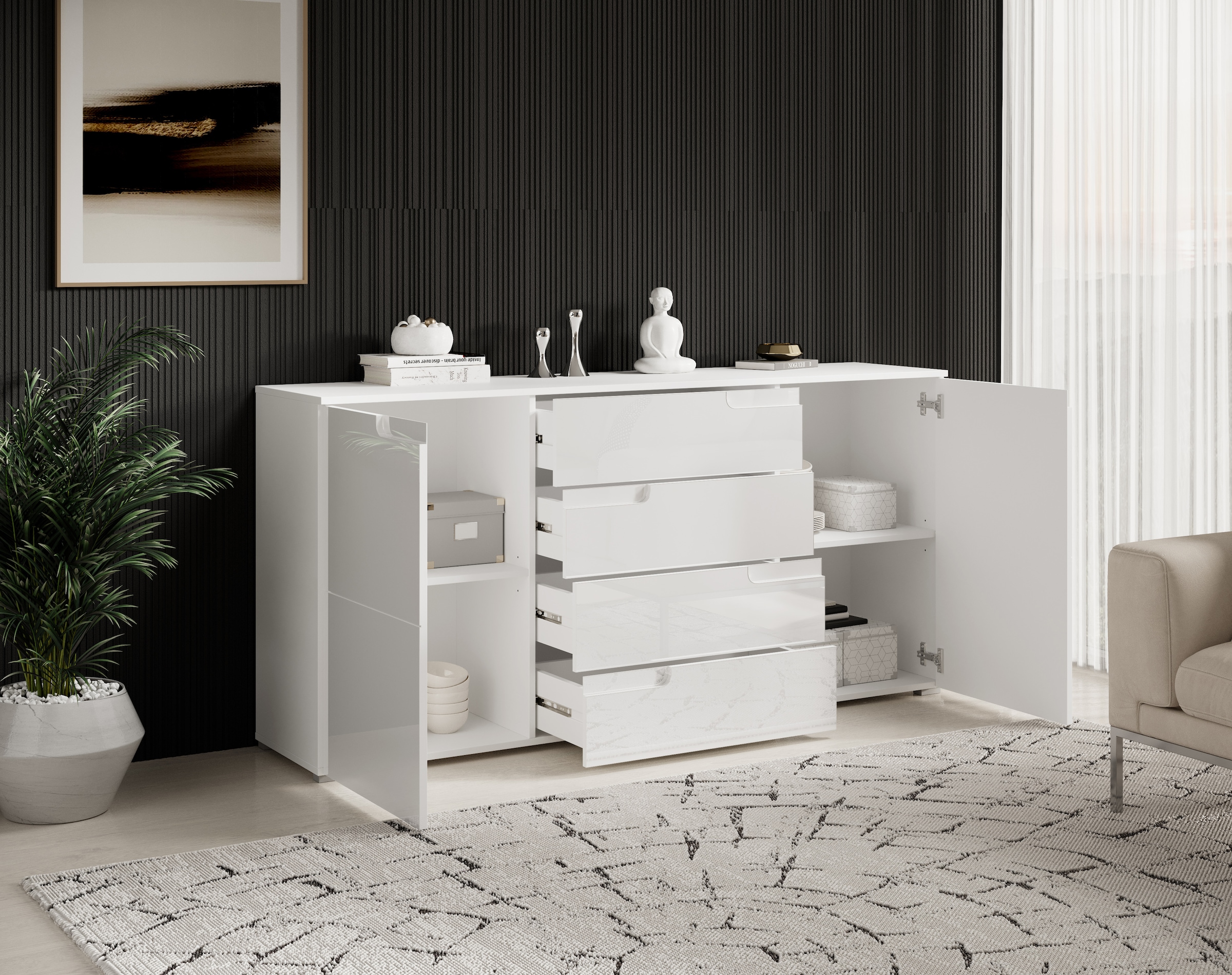 HBZ Sideboard »Spice weiss Hochglanz, Wohnzimmerschrank BxHxT 165x80x40 cm«, (1 St.), Mit 2 Türen, 4 Schubkästen, 2 Einlegeböden verstellbar