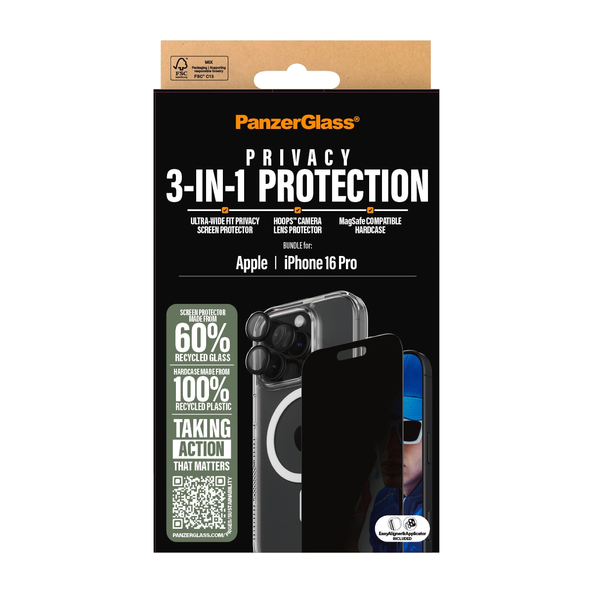 PanzerGlass Displayschutzglas »3-in-1 Privacy Protection, Glass, Hoops, Case«, für Apple iPhone 16 Pro, Displayschutzfolie, Schutzfolie, Bildschirmschutz, kratz- & stossfest