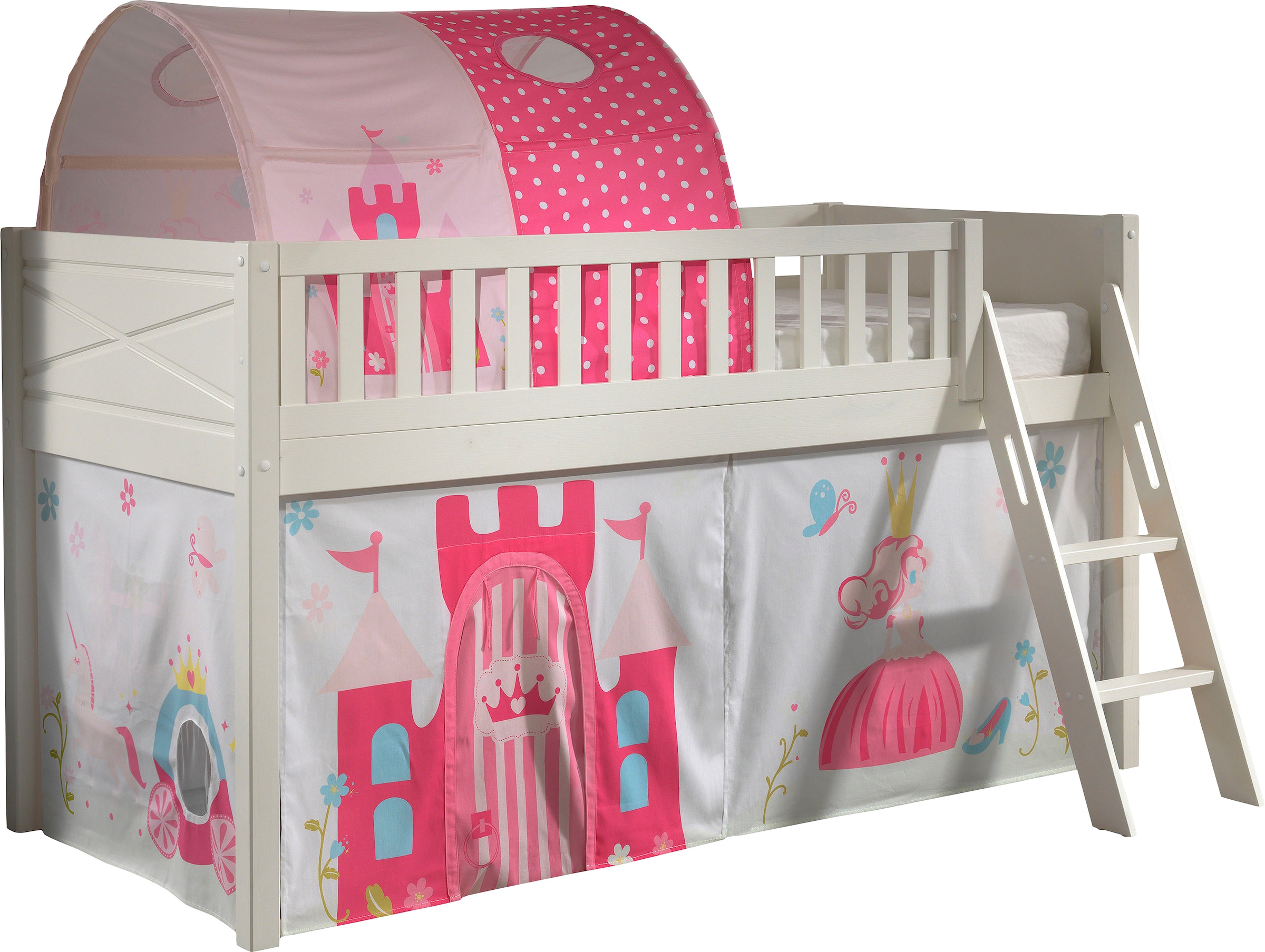 Vipack Hochbett »Scott« Made in Europe,  mit schräger Leiter, LF 90x200 cm, Vorhang, Tunnel, 4 Designs