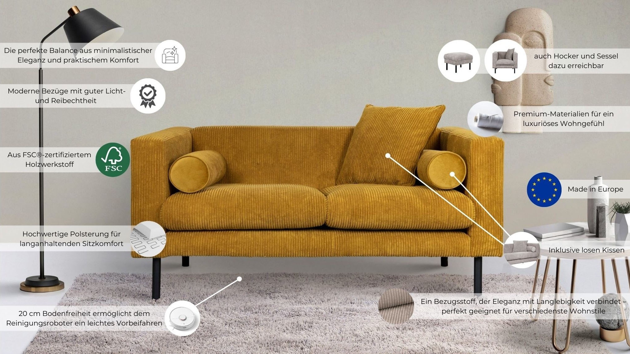 Guido Maria Kretschmer Home&Living 2-Sitzer »Lillibeth Designsofa mit Wellenunterfederung, Masse B/T/H: 155/74/83 cm«, Zierkissen als Wendekissen, in Samtoptik oder Cord