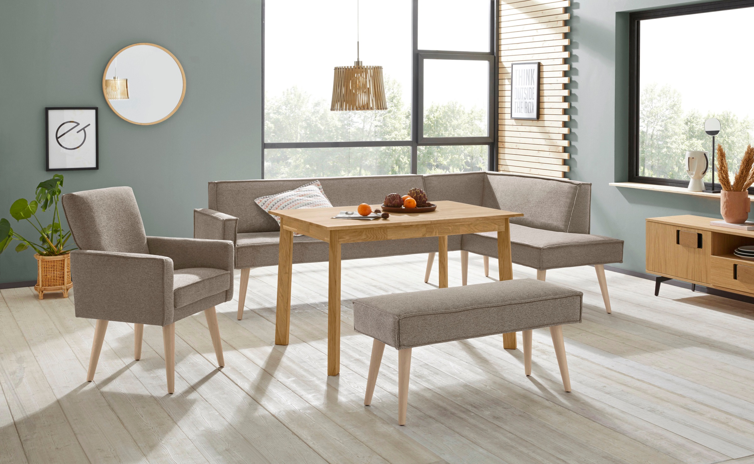 exxpo - sofa fashion Eckbank »Lungo, moderne Kedernaht, bequem und elegant, hoher Holzfuss«, hochwertige Detailverarbeitung, frei im Raum stellbar