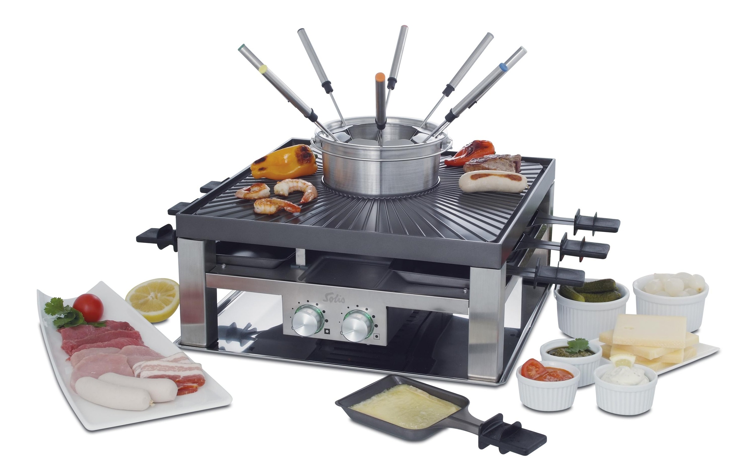 Image of SOLIS OF SWITZERLAND Raclette und Fondue-Set "Grill 3 in 1" 8 Stk. Raclettepfännchen 1.200 W