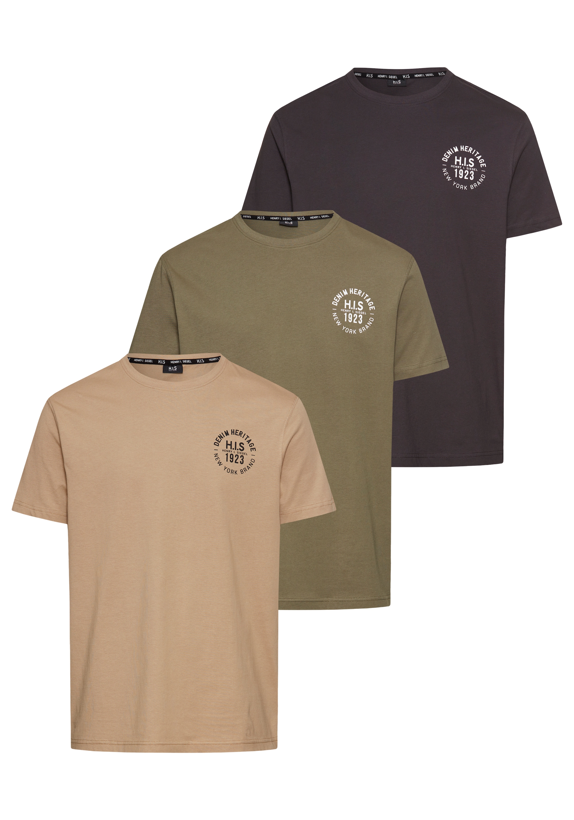 Image of H.I.S T-Shirt Packung, 3er-Pack, 3 tlg. schmal geschnitten, bedrucktes Design, aus 100% Baumwolle