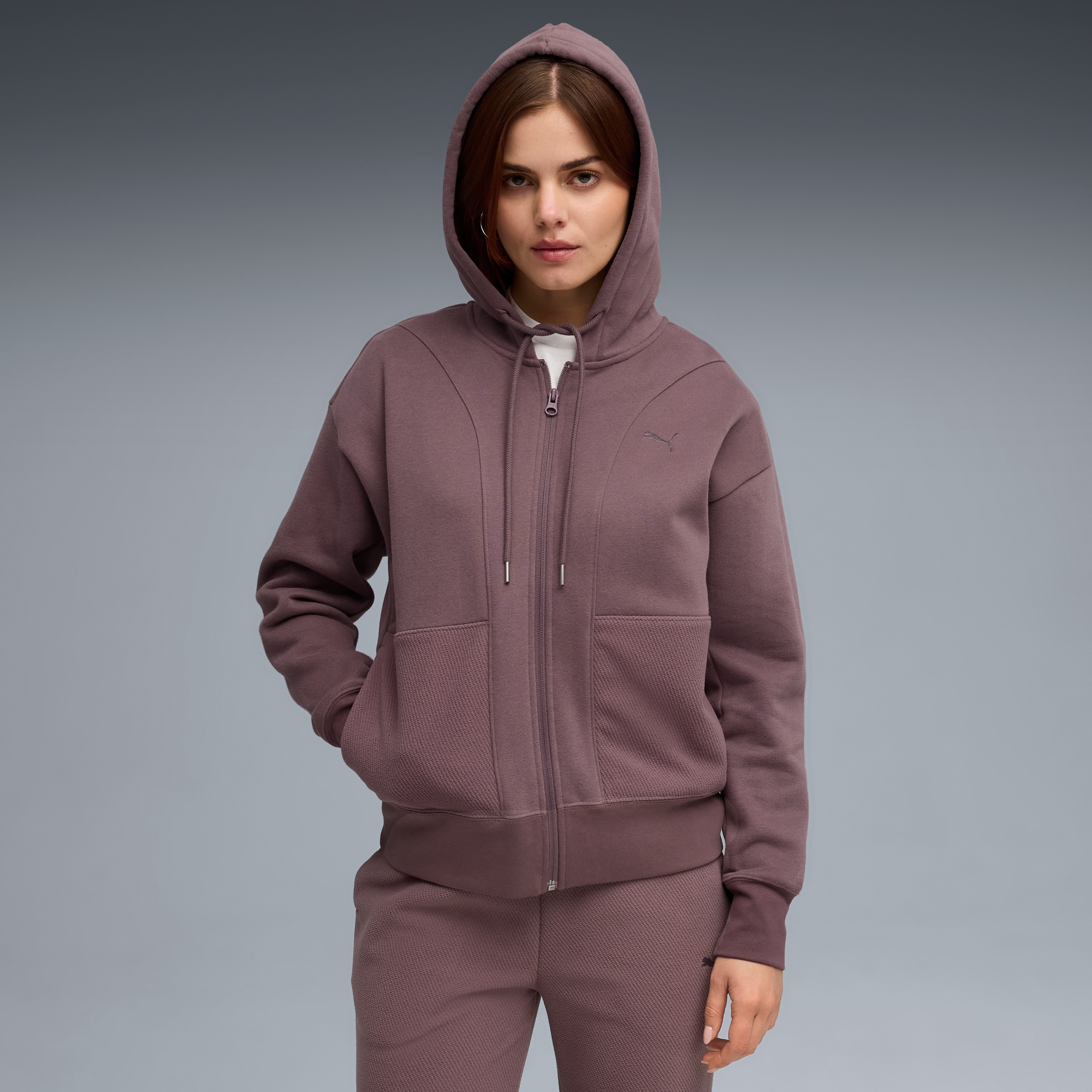 Image of PUMA Kapuzensweatshirt "HER RELAXED FULL-ZIP HOODIE FL", mit Reissverschluss, mit Kängurutasche