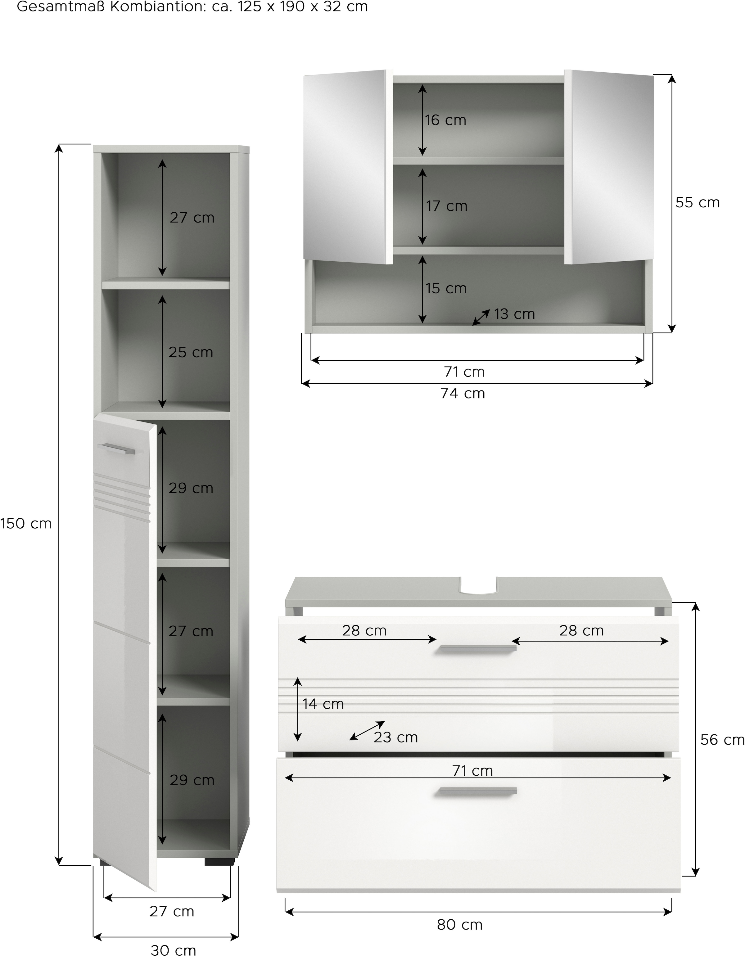 welltime Badmöbel-Set »Calicio, bestehend aus:Waschbeckenunterschrank,Hoch-und Spiegelschrank« 3 Stk. tlg.
