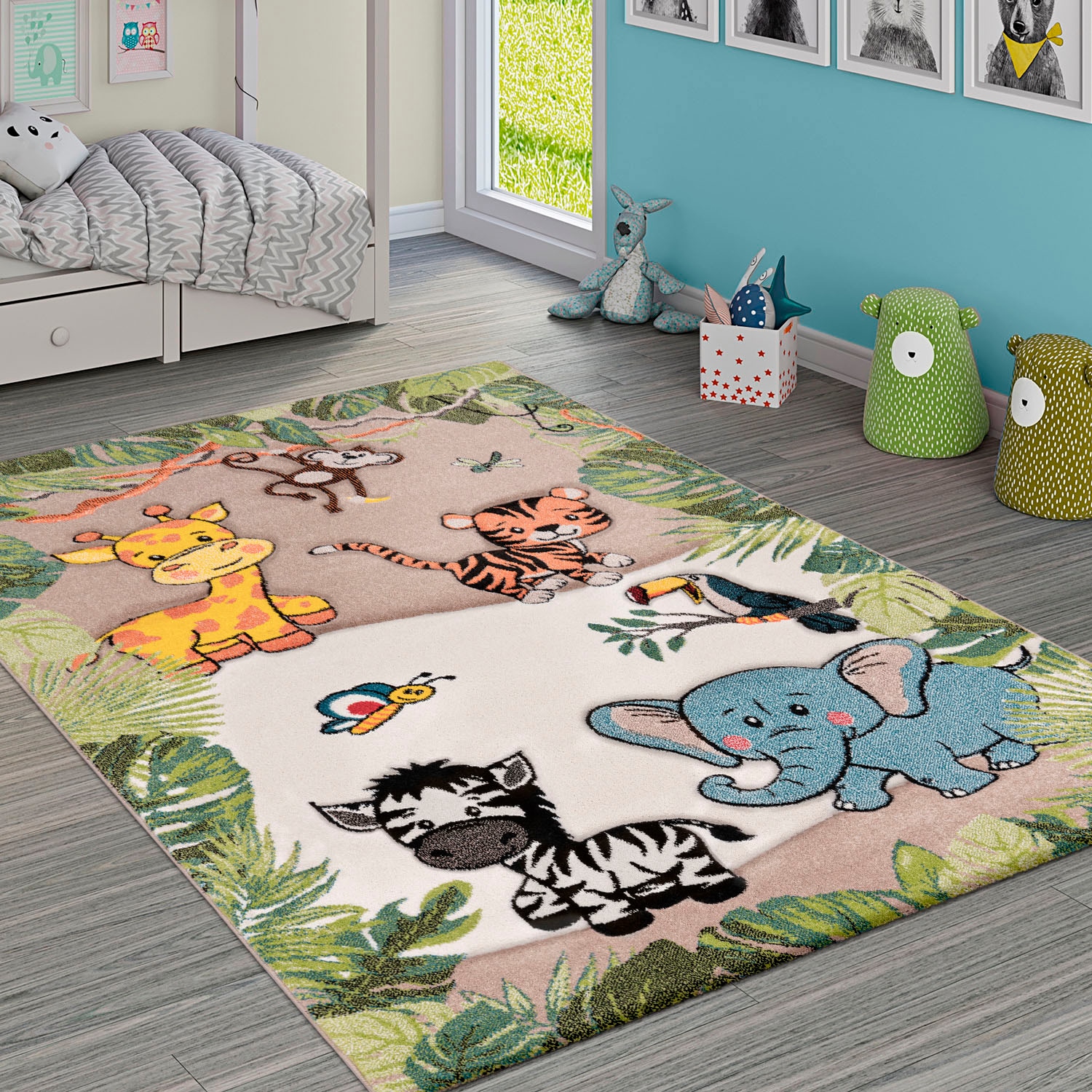 Paco Home Kinderteppich »Diamond 644«, rechteckig, 3D-Design, Motiv Dschungel Tiere, Kinderzimmer