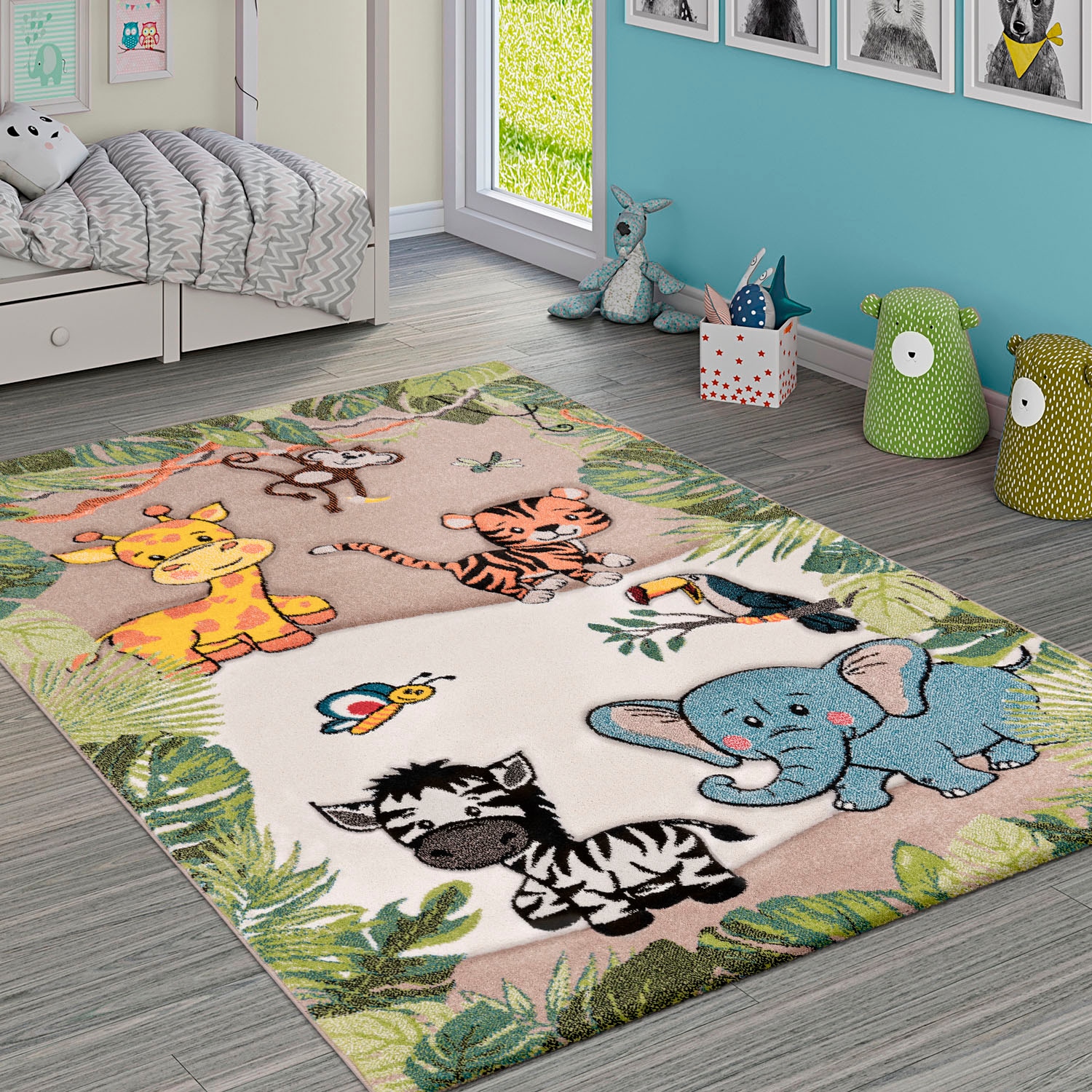 Image of Paco Home Kinderteppich "Diamond 644" rechteckig 18 mm Höhe 3D-Design, Motiv Dschungel Tiere, Kinderzimmer, Kundenliebling