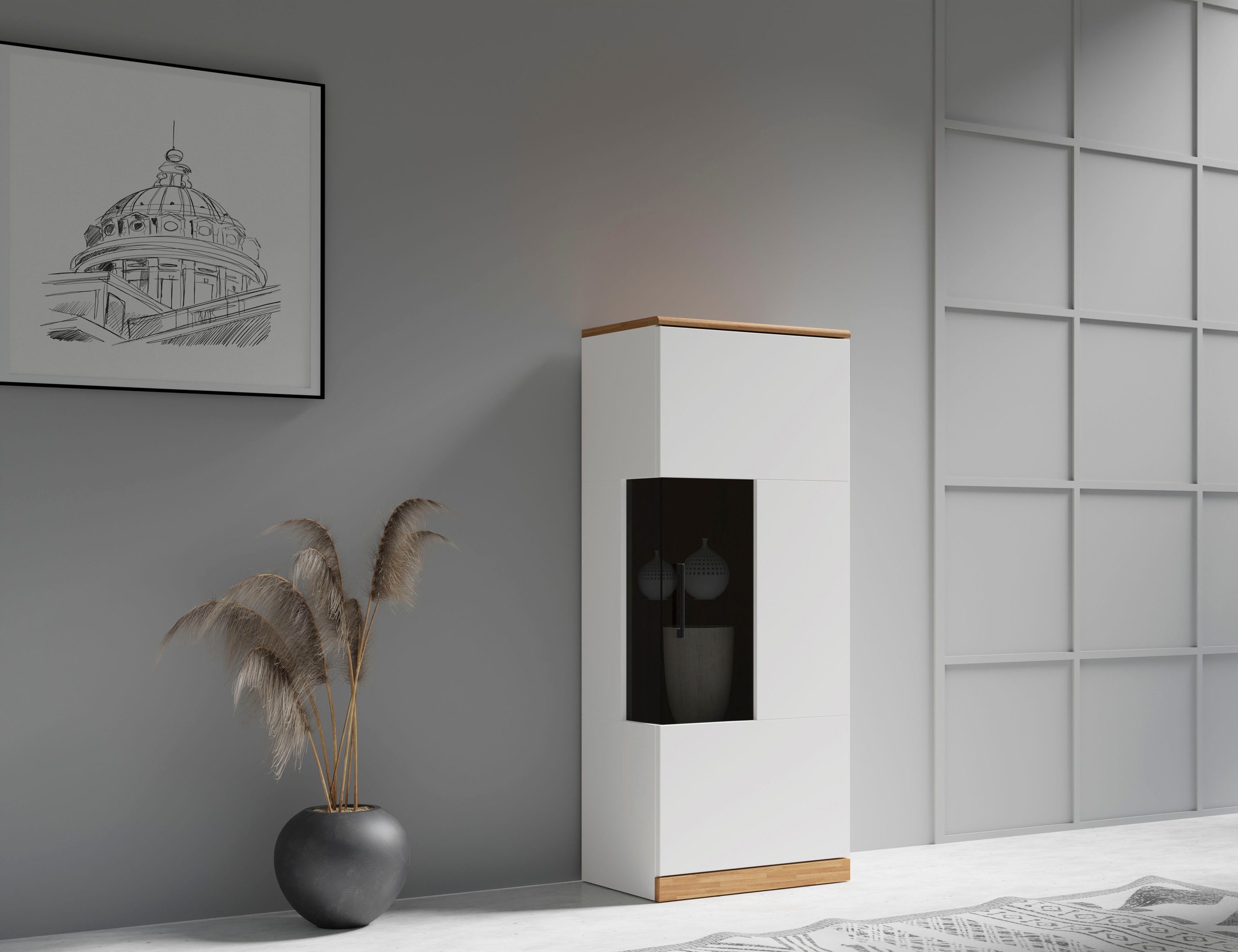 Image of GOODproduct Vitrine "RIBE75, 1Glasboden variabel, dunkles gehärtetes Glas, Trendfarbe" Oberplatte Eiche massiv,dunkles Glas, schwarze Metall Griffe