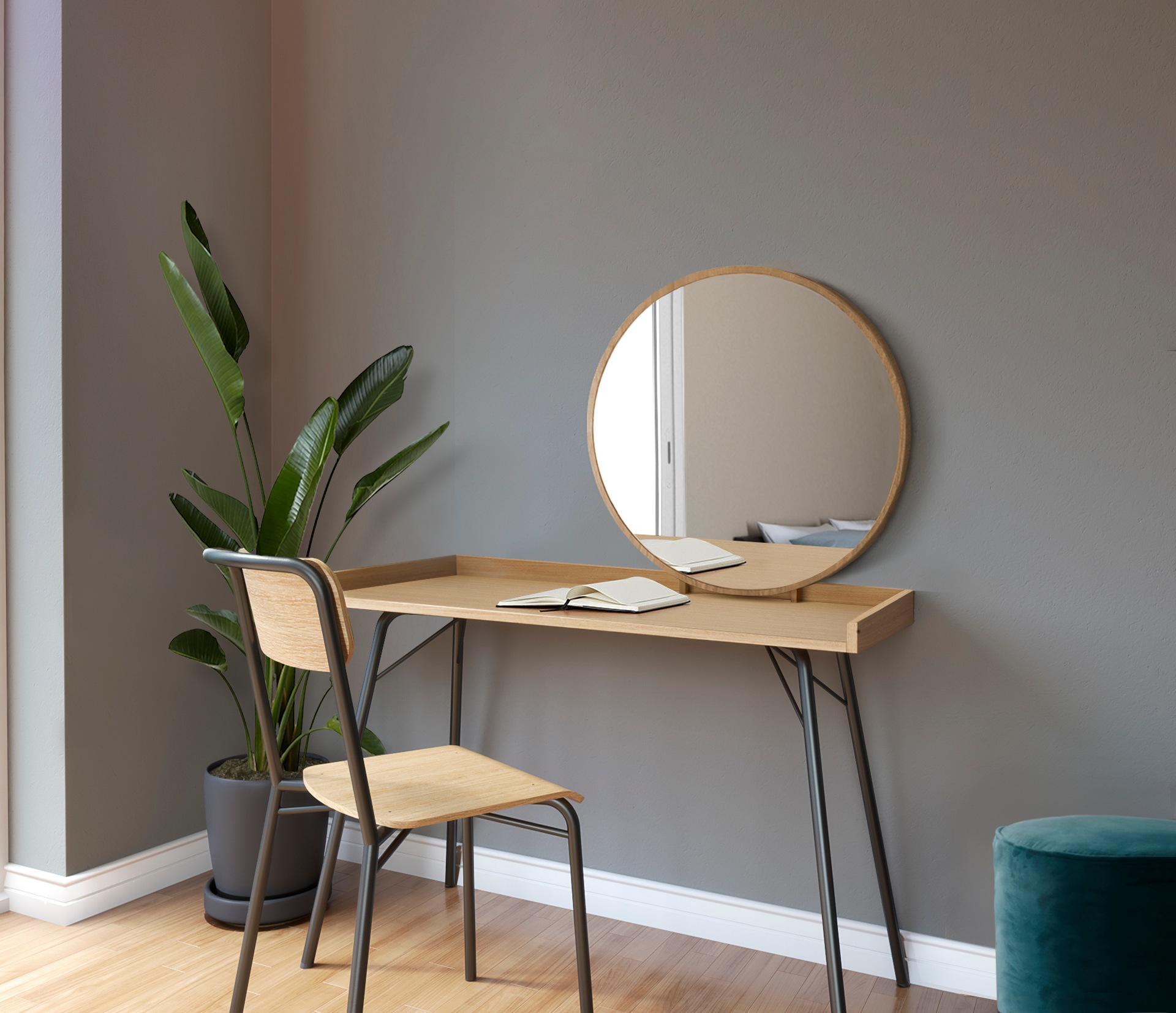 Image of GOODproduct Schminktisch "Birmingham Frisiertisch mit Spiegel Ø 71 cm, Arbeitsplatte 110/50 cm" besonderes Design, Breite 115 cm, FSC-zertifiziert
