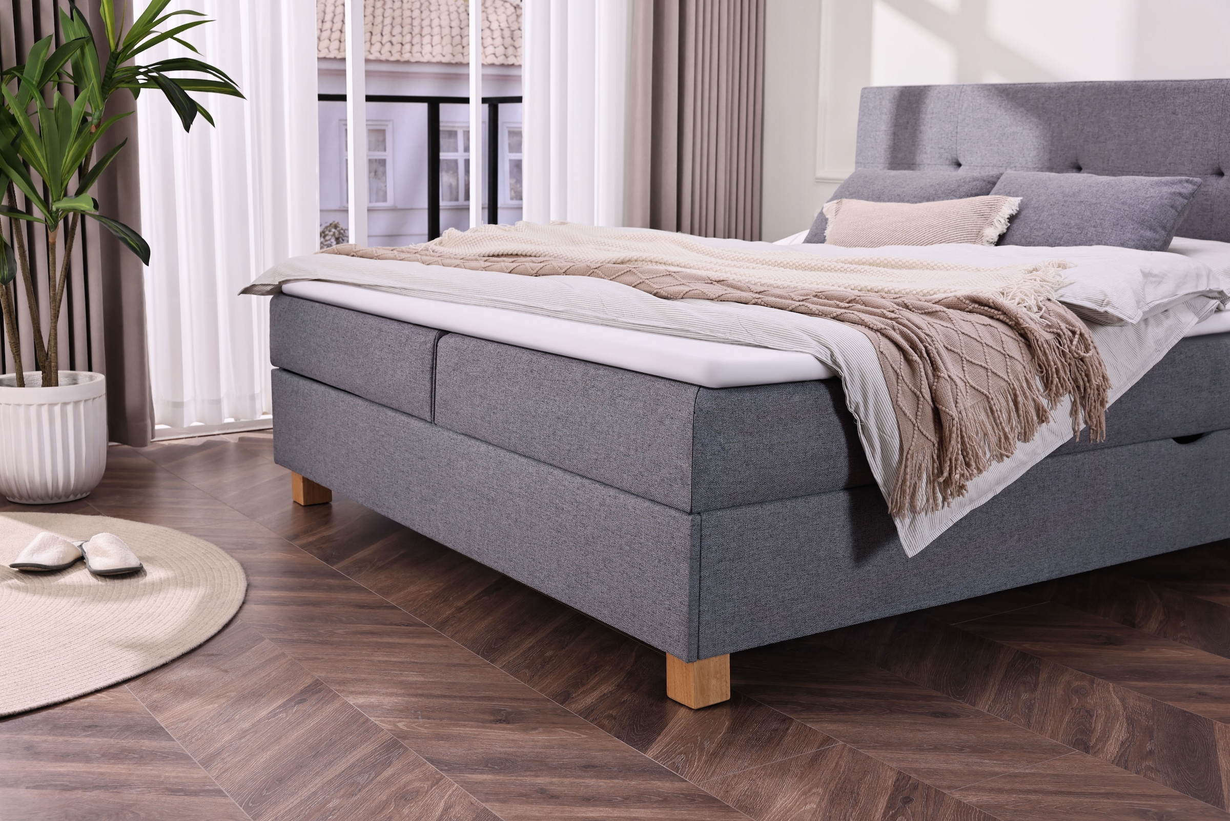 Home affaire Boxbett »Oyré inkl. Bettkasten, erhältlich in der Grösse 180x200cm« mit Holzfüsse in eichefarben