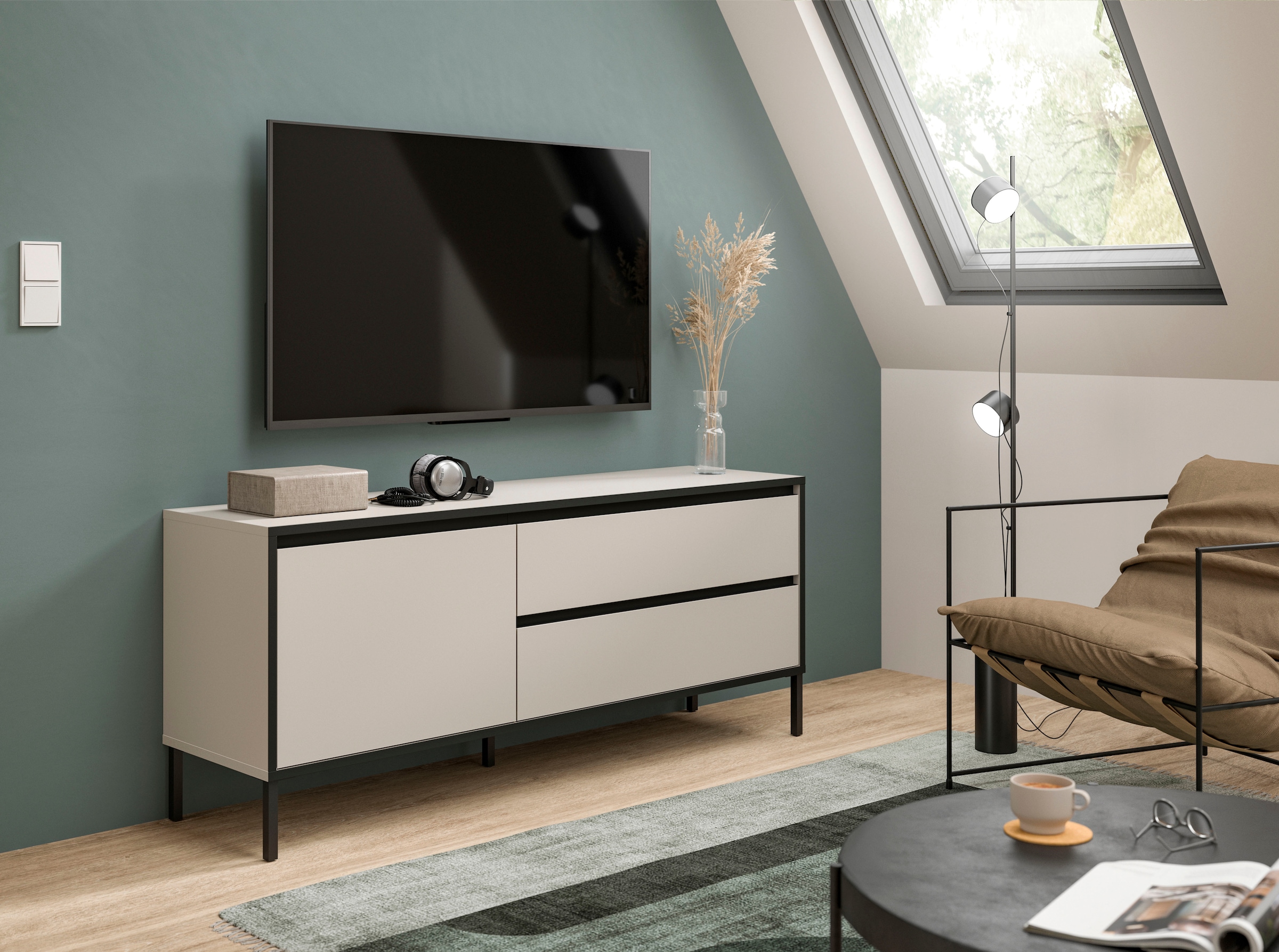 Home affaire Lowboard »NORT, Breite: 150cm, mit Metall Stabfuss, 1 Klappe, 2 Schubkästen« TV-Lowboard, Mediaschrank, Mediaboard, TV-Schrank, Schrank, Board