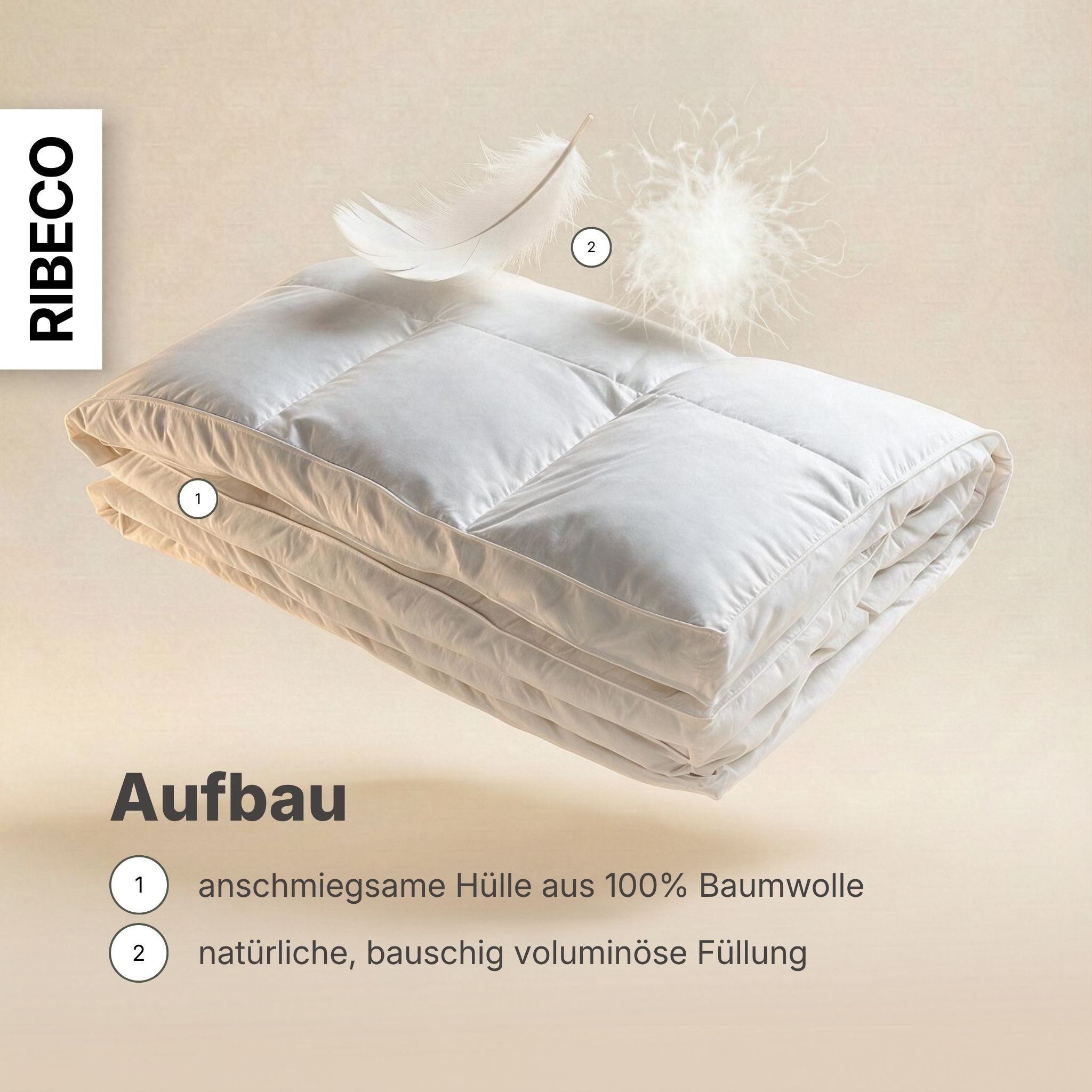 RIBECO Couette en duvet »Bettdecke in 135x200 und 155x220cm Topseller,« ultra-chaud Füllung 80 duvet 20 plumes 1 cuis tlg. Duvet et plumes, Made in Germany, avec coussin 80x80 cm offert
