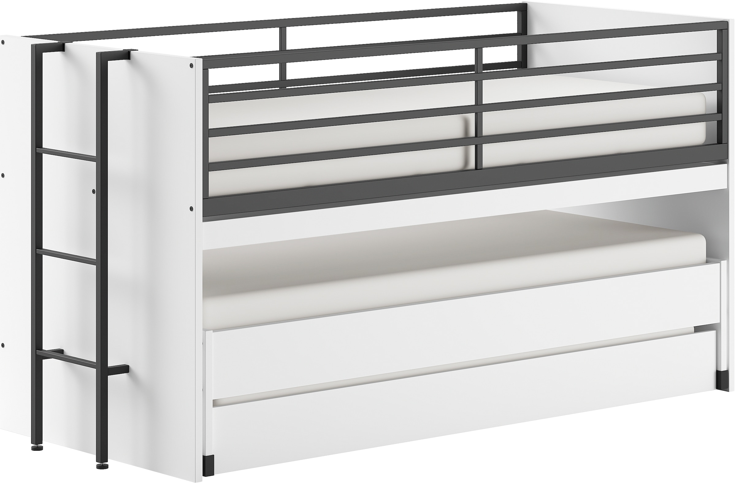 Vipack Etagenbett »praktisches Etagenbett mit viel Funktion, 2 Dekore zur Wahl« B/H/T ca. 219x114x98cm, Metall Leiter und Absturzschutz in schwarz,  für kleine Räume, 2 Liegefl., Bettschublade, inkl. Schreibtisch
