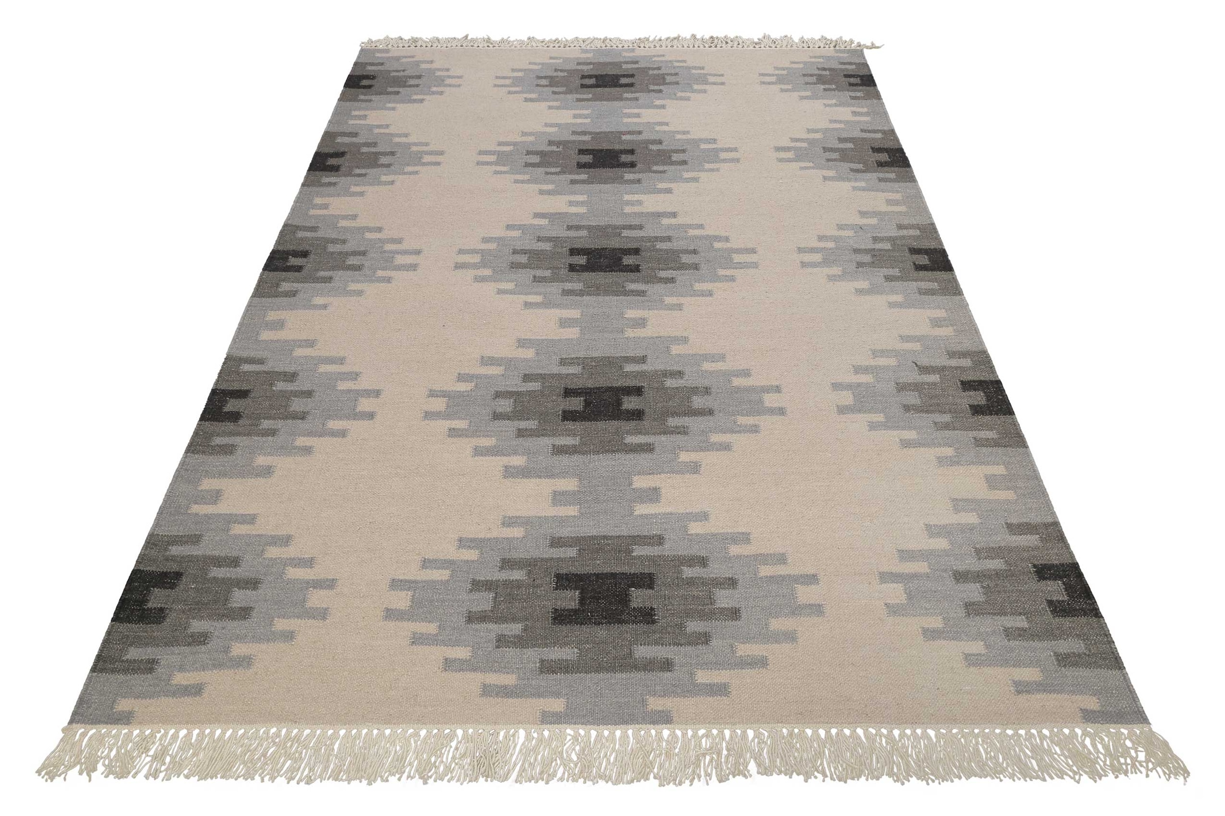 Green Looop Wollteppich »Belle« rechteckig 5 mm Höhe Fransen, Kelim, handgewebt, Natur, Wohnzimmer, Schlafzimmer, Raute