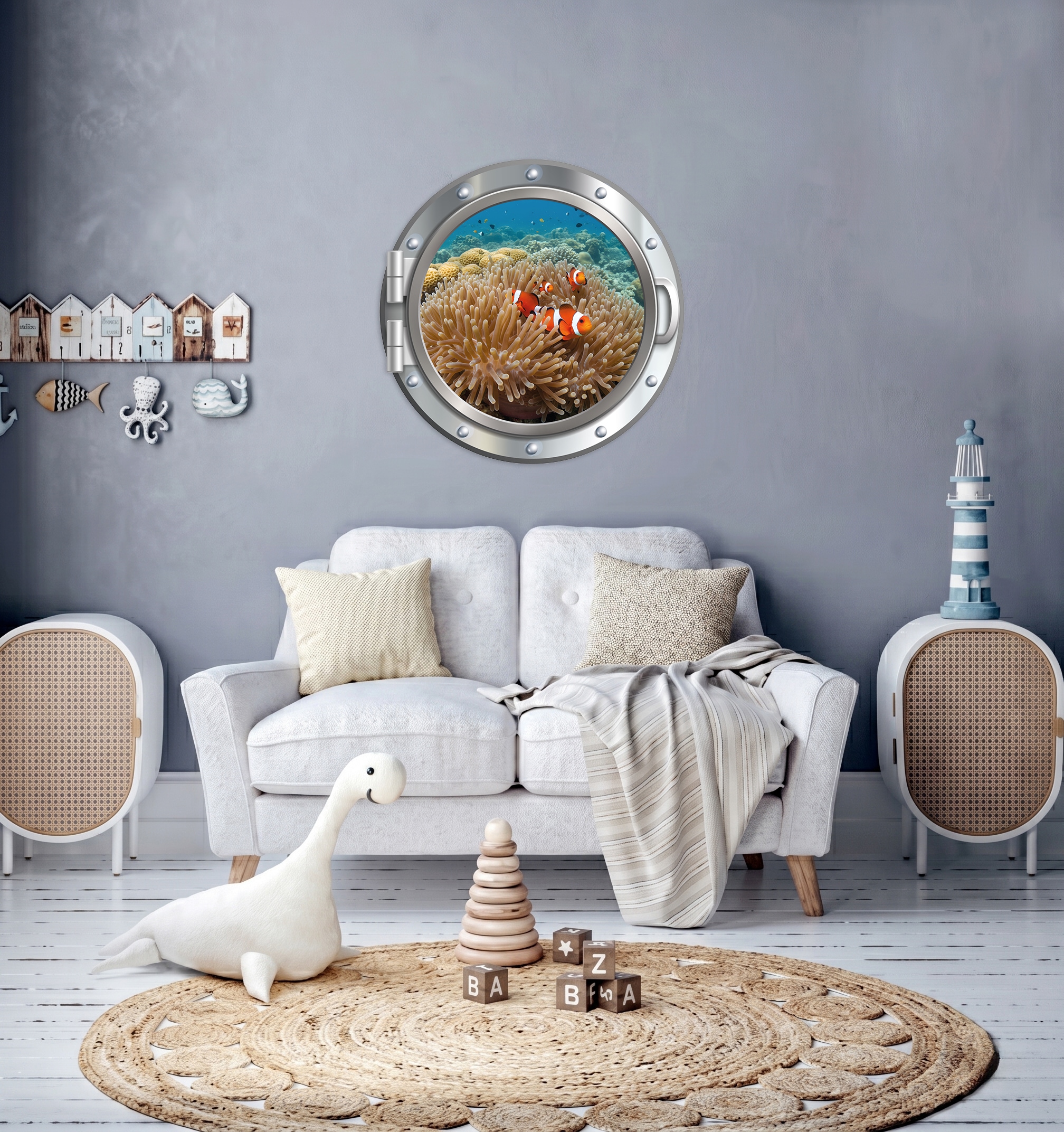 Image of queence Wandsticker "3D Bullauge Illusion Unterwasserwelt Korallen 40x40 cm" Selbstklebender Wanddurchbruch Unterwasser
