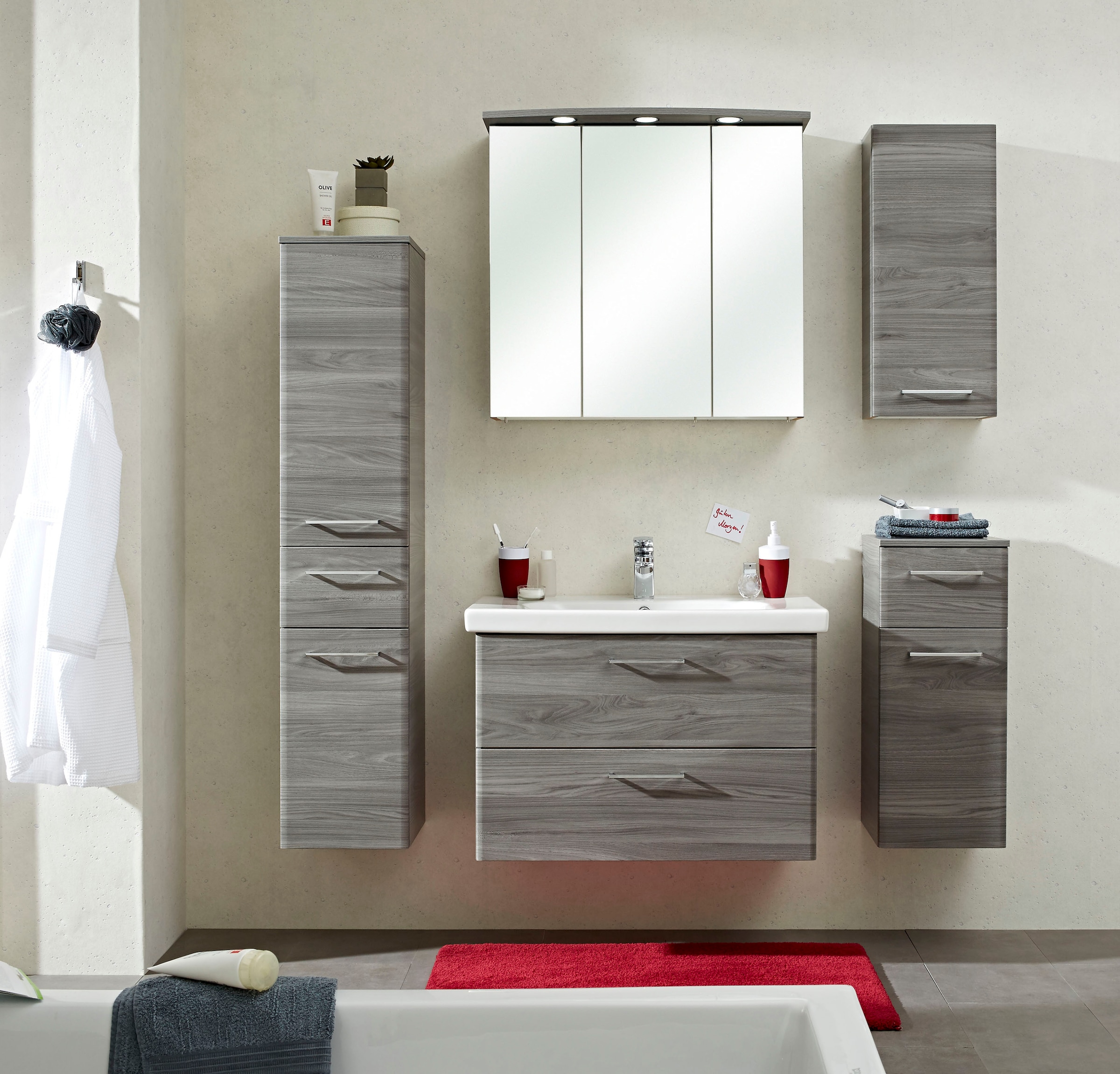 Saphir Armoire basse »Quickset 916 Badschrank mit 1 Tür, 1 Schublade, Griffe Chrom Glanz« meuble sous lavabo 30 cm de large en imitation Sangallo gris horizontal