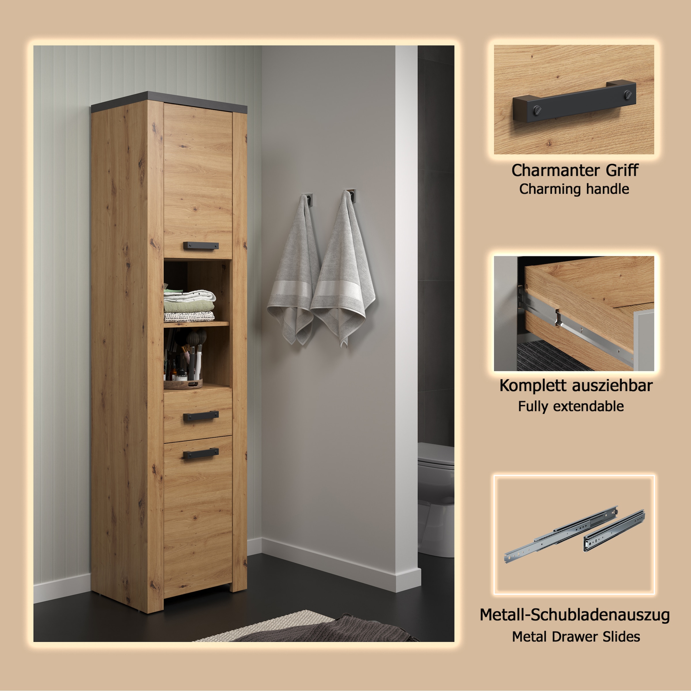 welltime Hochschrank »Ambres« 1 Stk. tlg. Hochschrank mit Soft-Close Funktion - (B/T/H) 53/35/196 cm