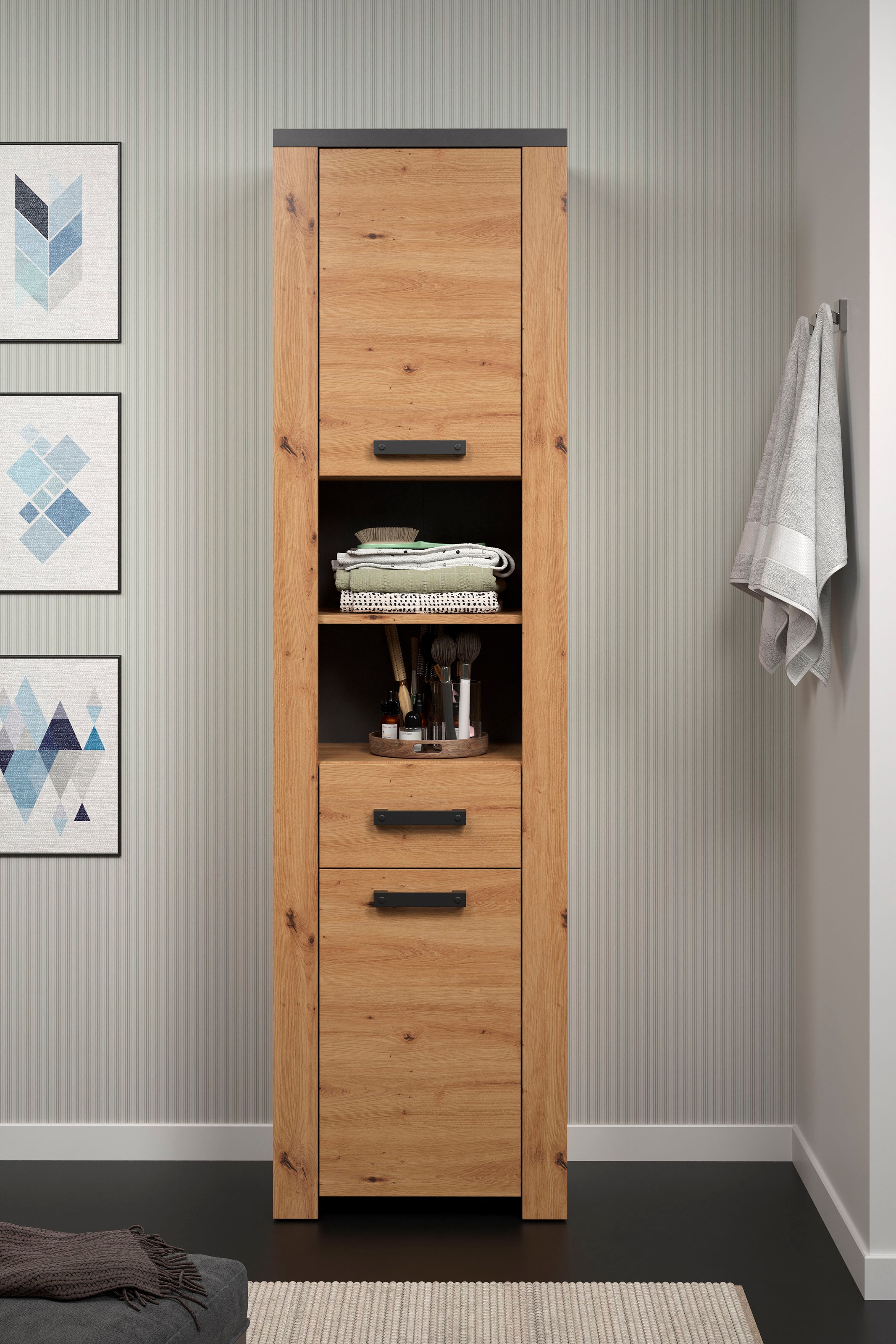 welltime Hochschrank »Ambres«, (1 St.), Badschrank in matter Echtholzoptik - Masse (B/T/H) 53/35/196 cm