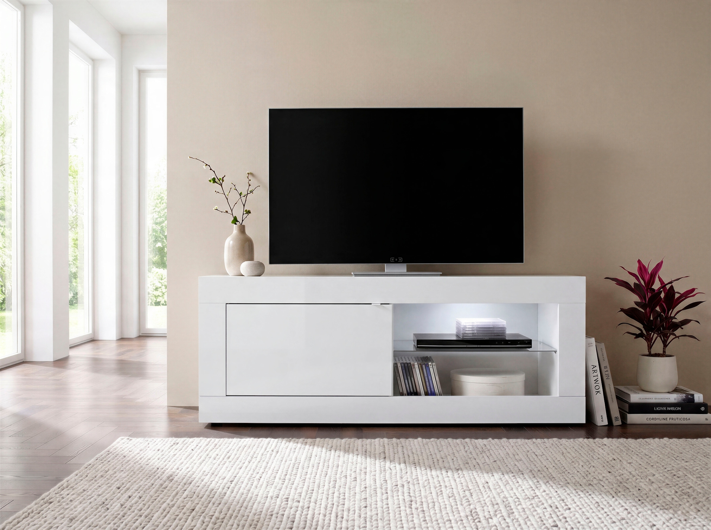 Home affaire Table basse »Basic Breite 140 cm, TV-Board 1 Tür, 2 offene Fächer (Glasboden),« meuble TV, poignée métal, design cadre moderne, choix de couleurs