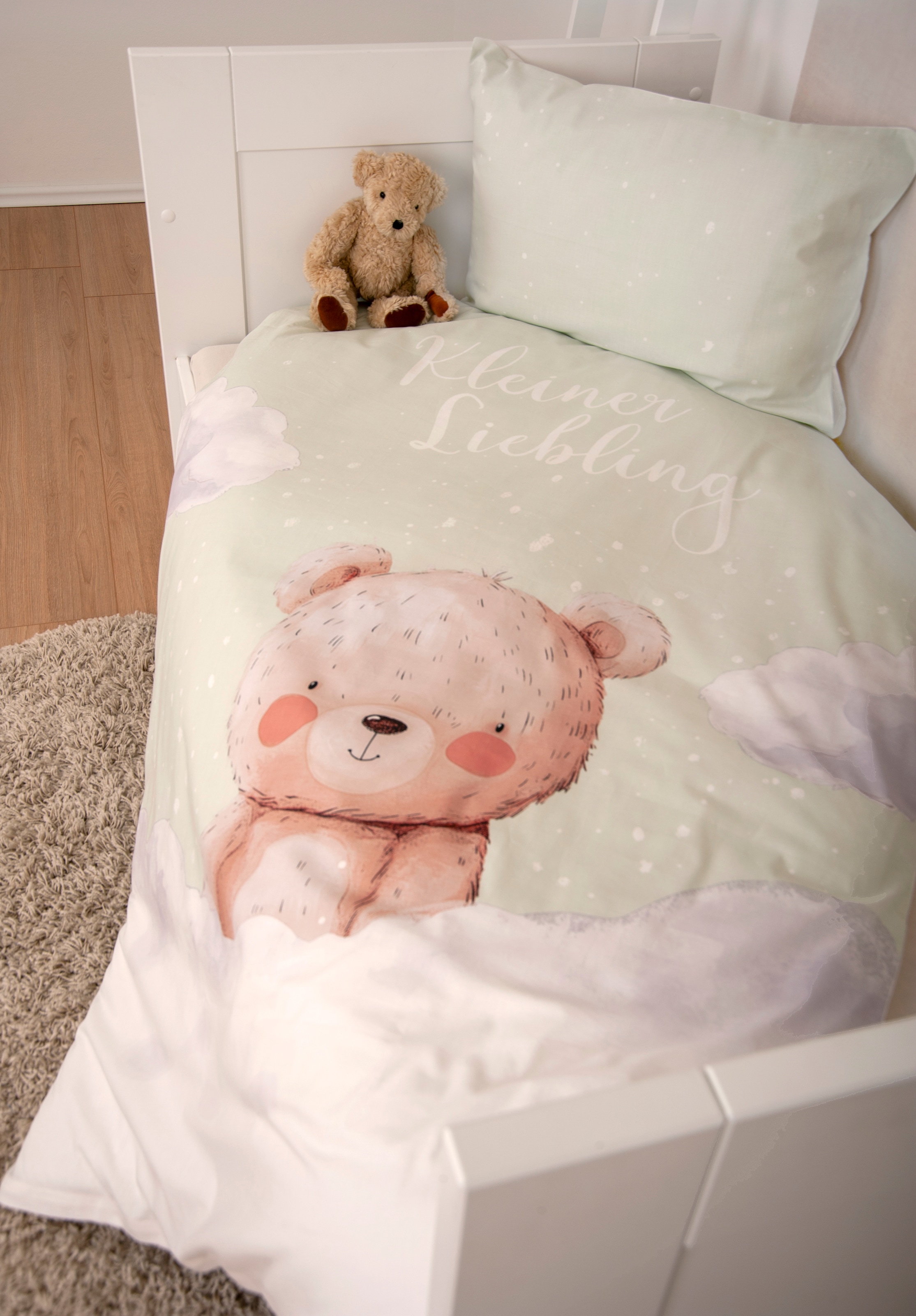GOODproduct Kinderbettwäsche »Kleiner Liebling in Gr. 100x135 und 135x200 cm« 2 Stk. aus Baumwolle, mit niedlichem Bärenmotiv & Schriftzug, Babybettwäsche