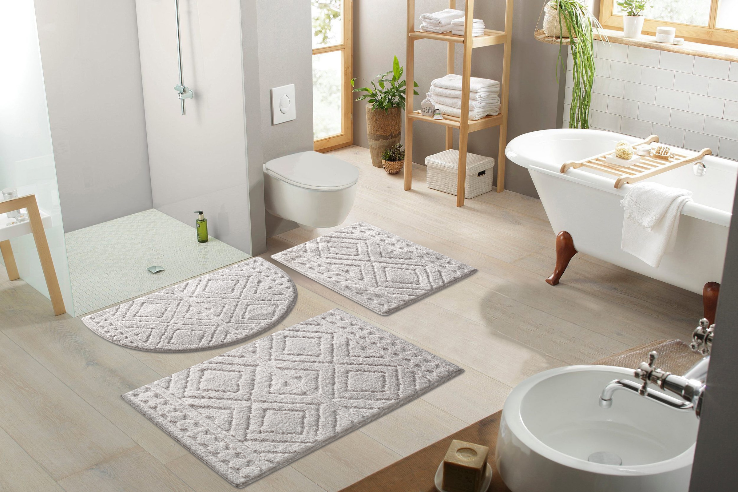 my home Badematte »Louvres, Badvorleger, Badezimmer Teppich, Duschvorleger«, rutschhemmend beschichtet, schnell trocknend, Badteppich, Uni Farben, Hoch-Tief Effekt, Boho-Style