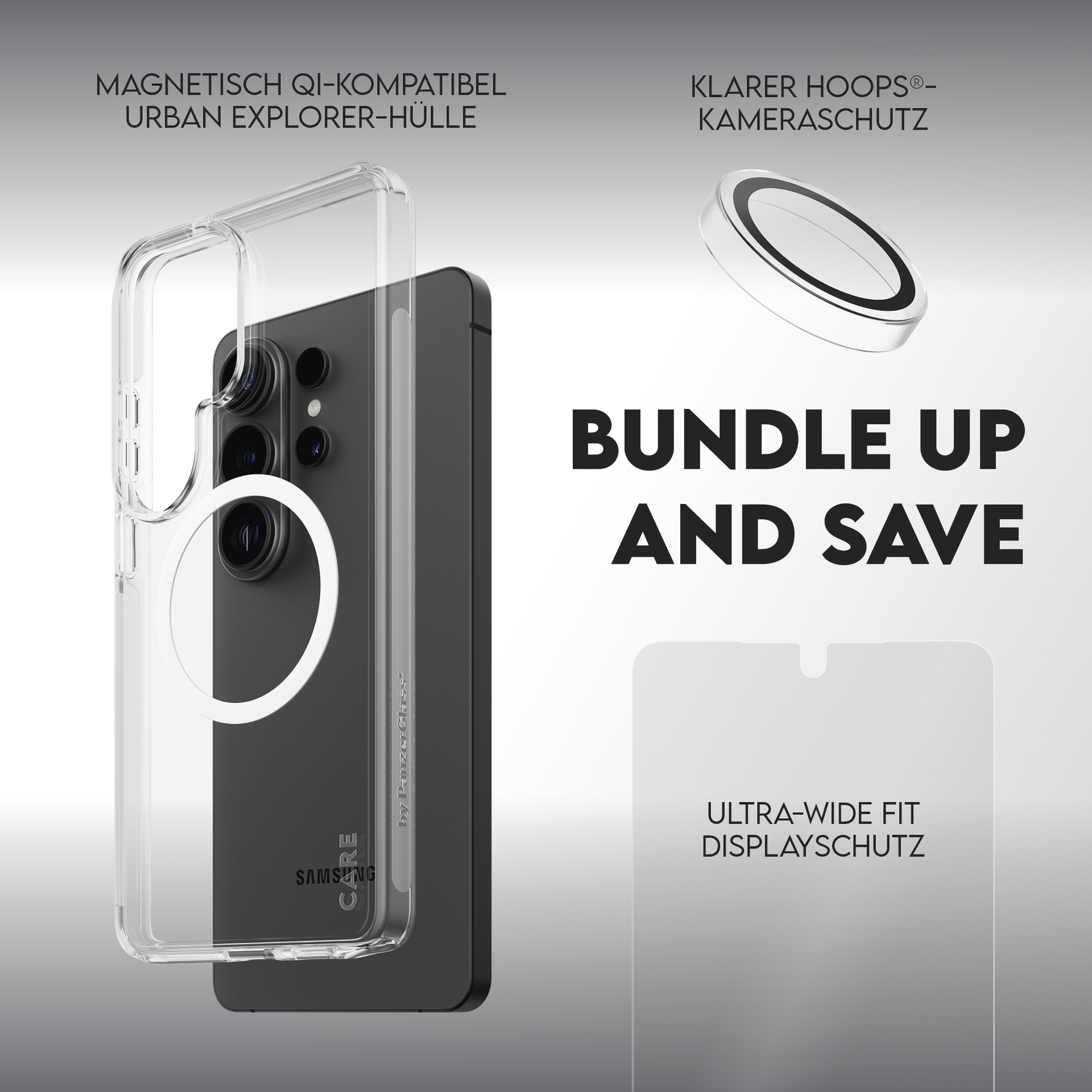 CARE by PanzerGlass Displayschutzglas »3-in-1 Protection Explorer Bundle« für Samsung Galaxy S26 Ultra Displayschutzfolie, Schutzfolie, Bildschirmschutz, kratz- & stossfest