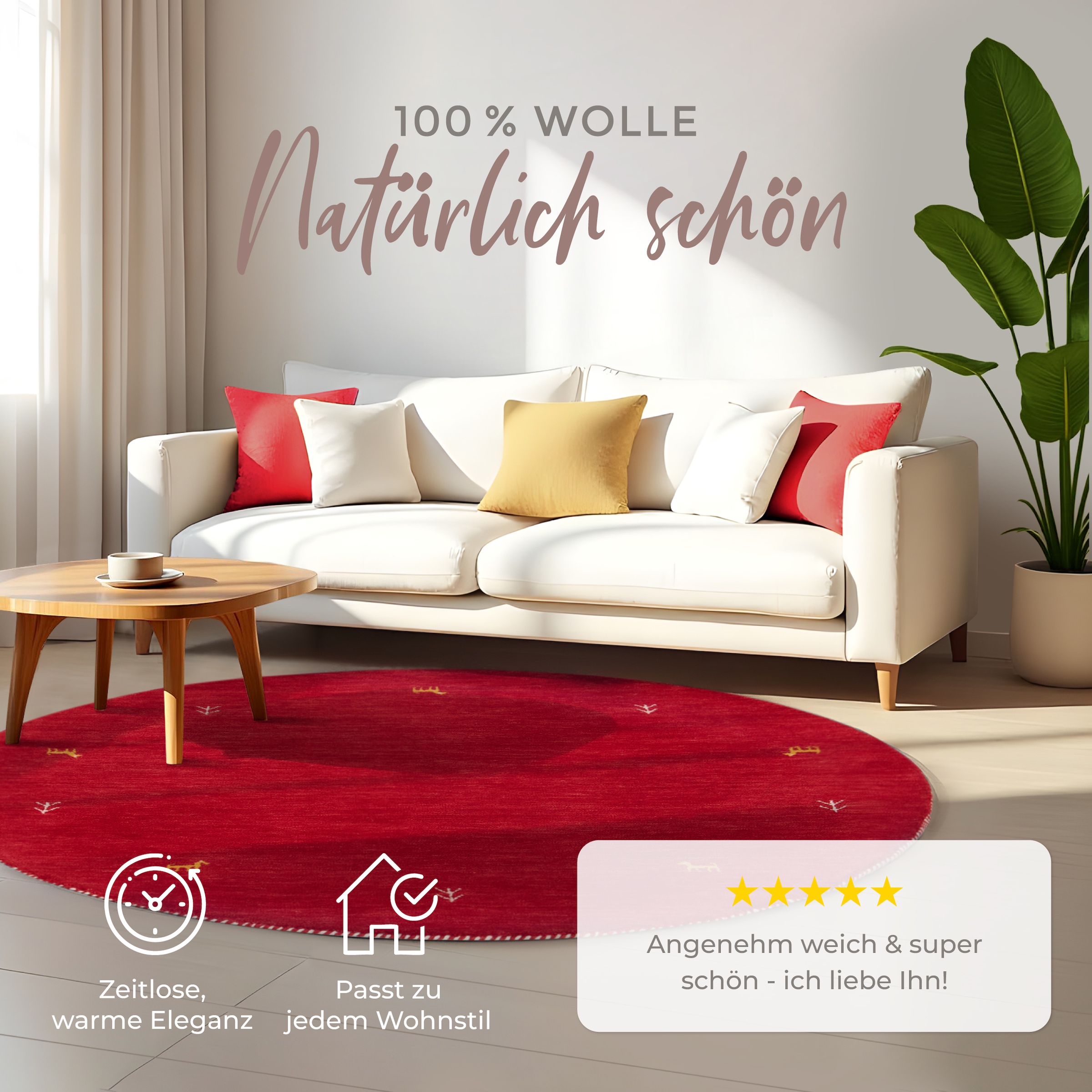 carpetfine Wollteppich »Gabbeh Uni« rund 15 mm Höhe reine Wolle handgewebt, Gabbeh Tiermotiv warmes Raumklima viele Grössen