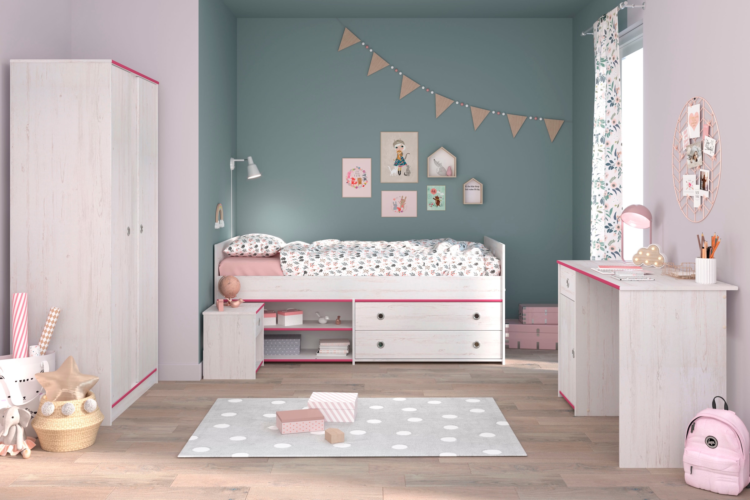 Parisot Jugendzimmer-Set »Smoozy«, (4 tlg., Stauraumbett,Nachttisch, Kleiderschrank und Schreibtisch)