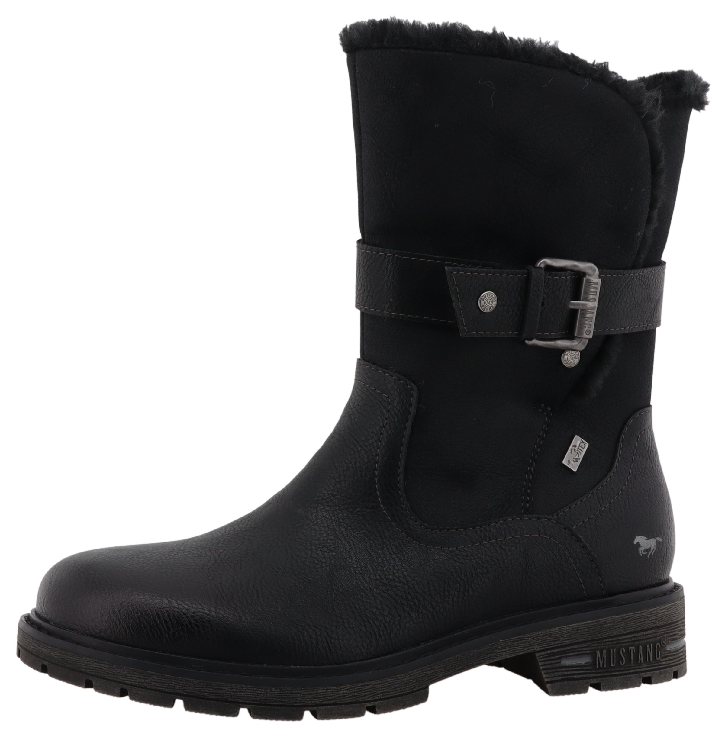 Image of Mustang Shoes Winterstiefel "Bienke" Biker Boots mit Blockabsatz und Zierriemchen