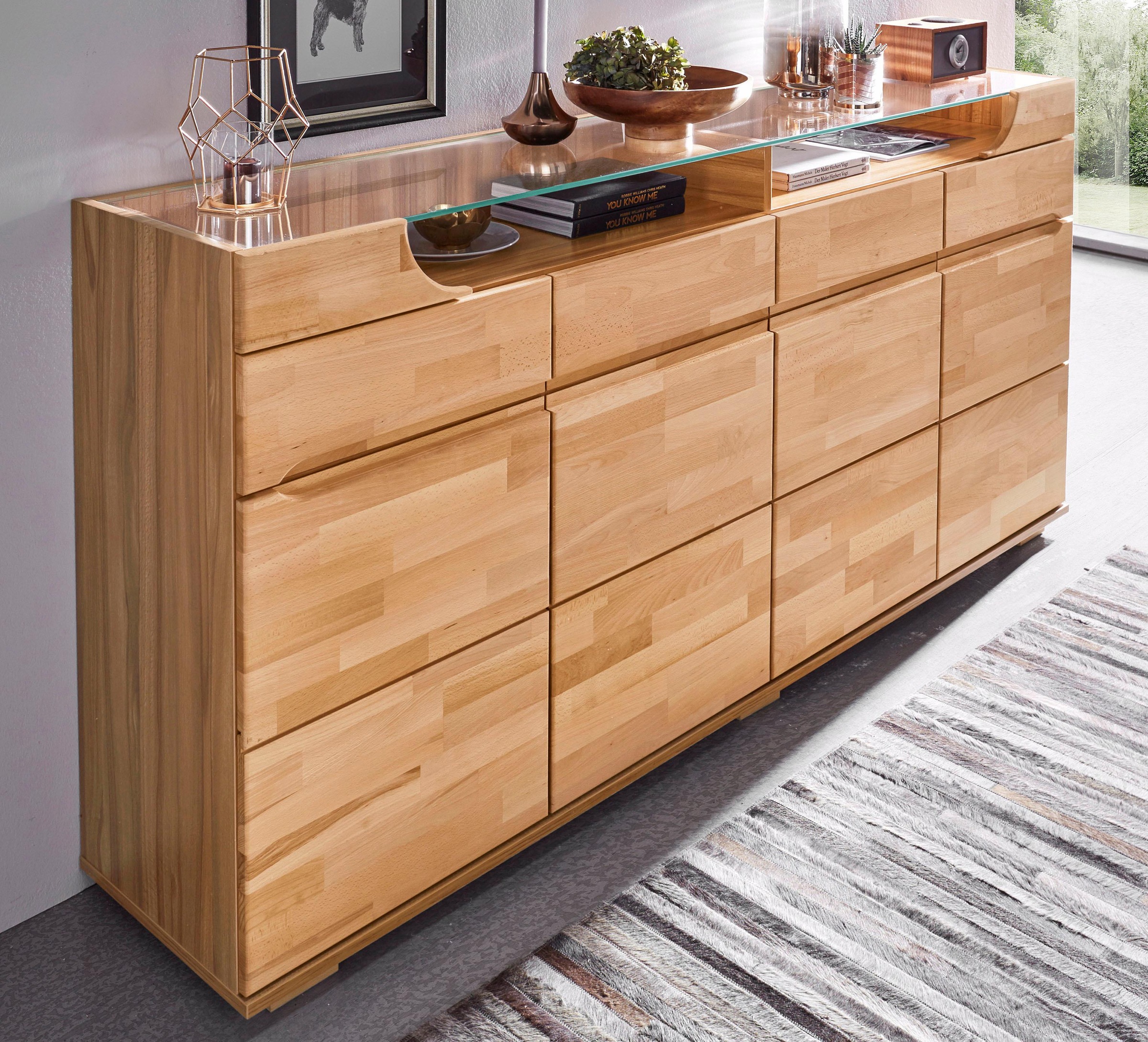 Image of GOODproduct Sideboard "Vetro,200cm breit,40 cm tief,4 Schubladen Oberplatte aus Glas" Kernbuche massiv, Holzwerkstoff, 4Türen,4 Schubladen, Griffmulden