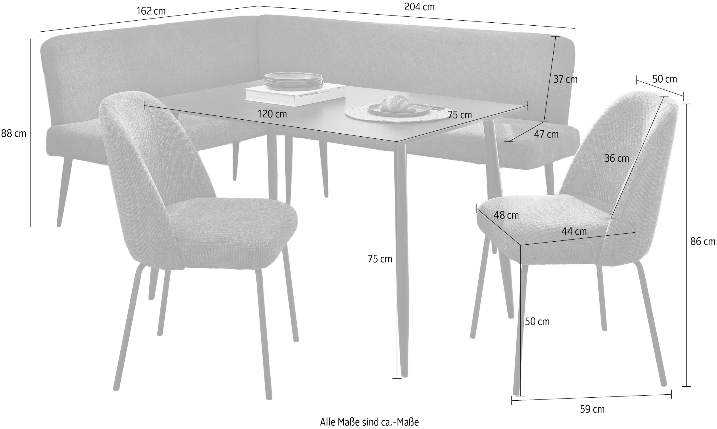 Jockenhöfer Gruppe Ensemble de bancs d'angle »Melvin (Set, 4-tlg. Tisch, Bank und 2 Stühle), Taschenfederkern« Ensemble,  Table (120x75cm) noire, banc et chaises anthracite ou beige