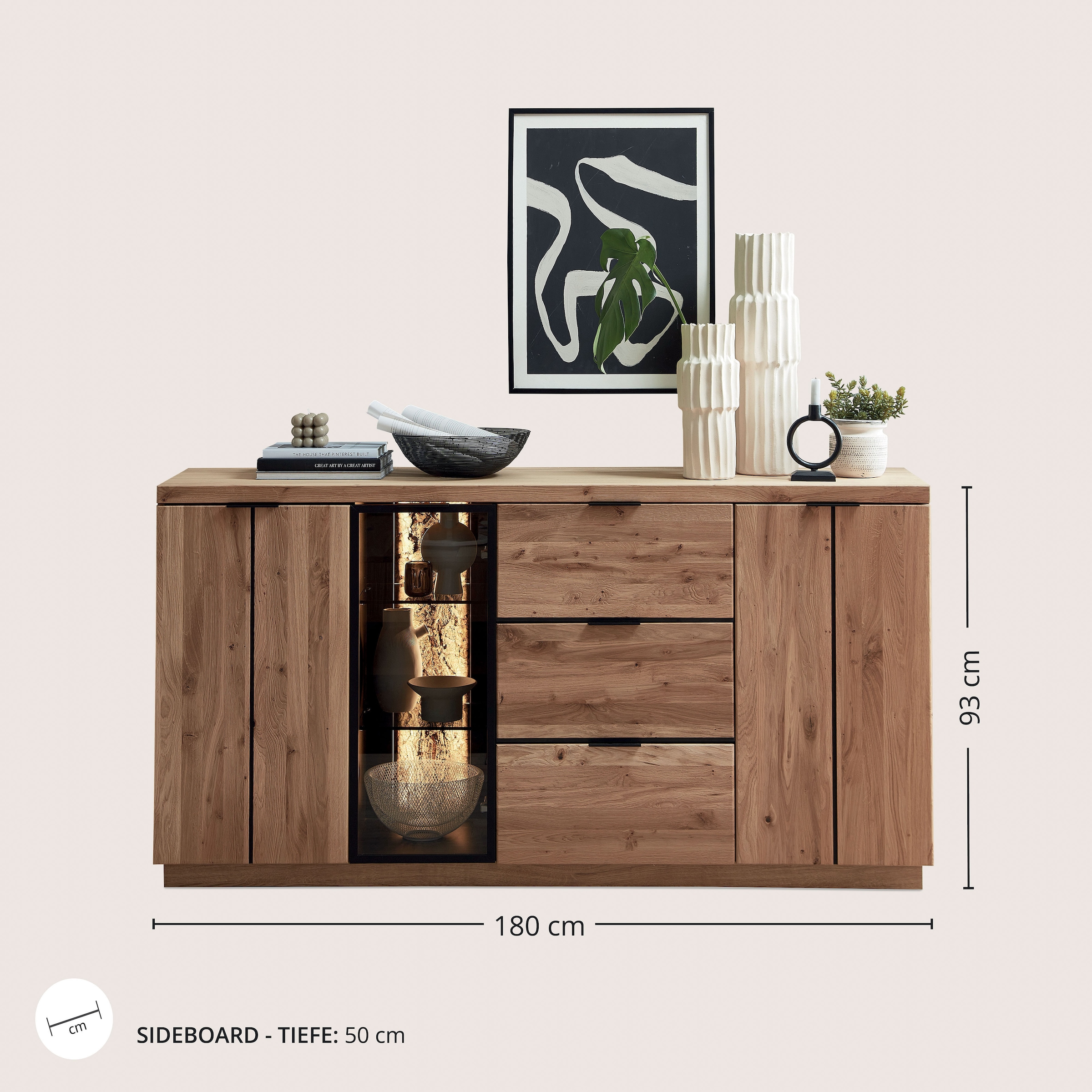 Wohnconcept Sideboard »Donna Sideborad, 180x93x48 (BxHxT)« 1 Stk. tlg. Beleuchtung optional bestellbar, 3 türig, 3 Schubkasten, Softclose