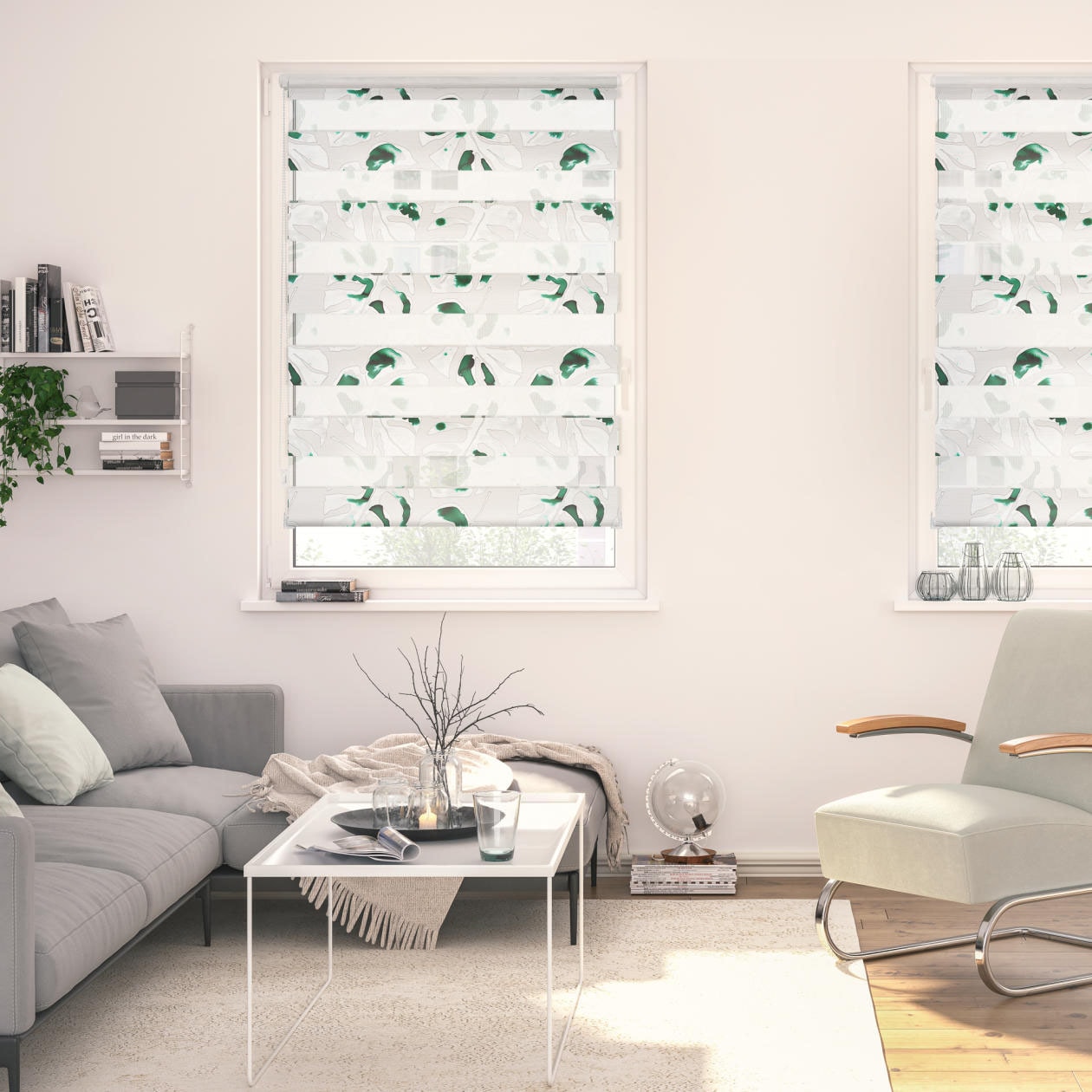 Image of LICHTBLICK ORIGINAL Doppelrollo "Duo Rollo Klemmfix, ohne Bohren, blickdicht, Monstera - Schwarz" halbtransparent freihängend
