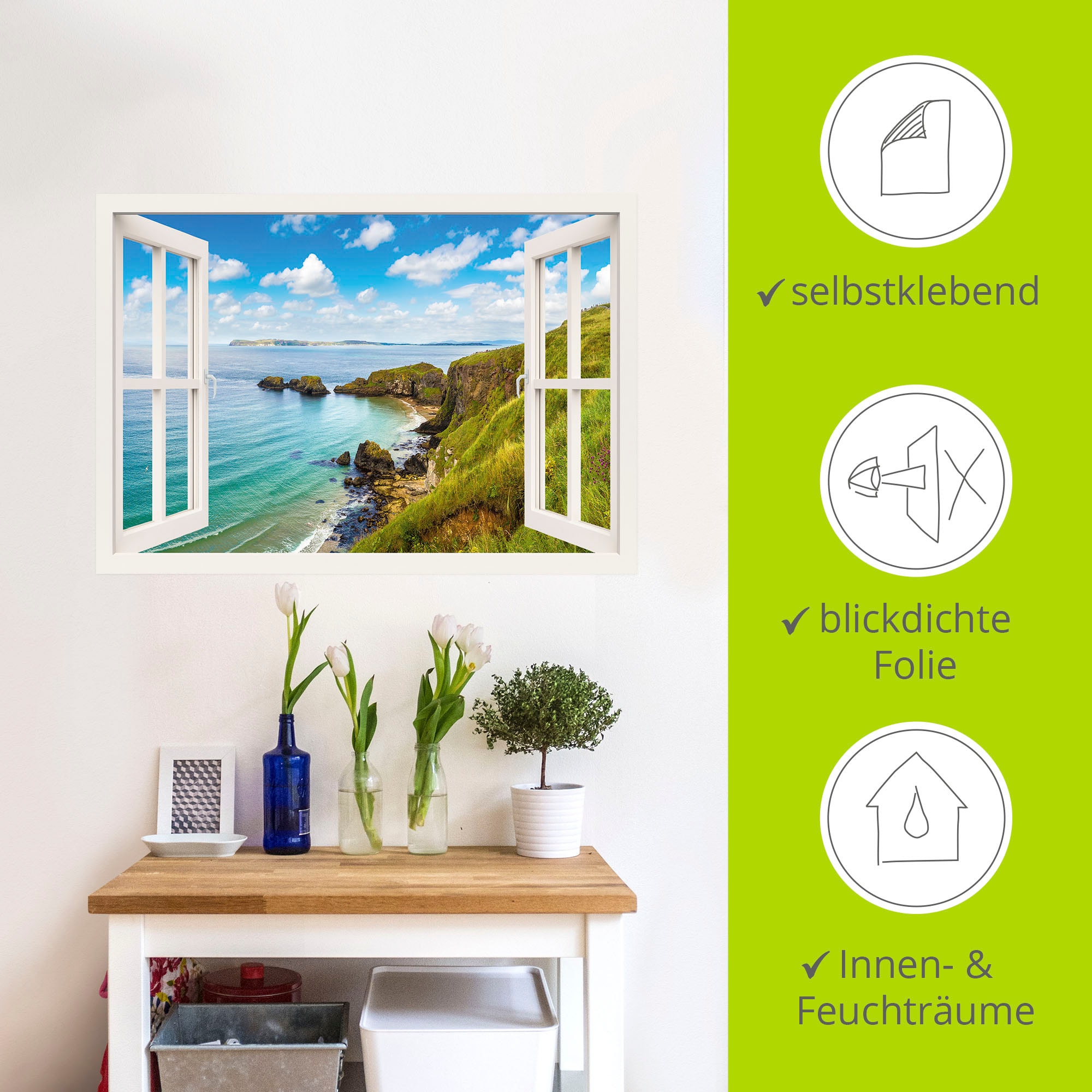 Artland Wandbild »Küstenweg in Nordirland durchs Fenster«, Meer Bilder, (1 St.), als Leinwandbild, Wandaufkleber oder Poster in versch. Grössen