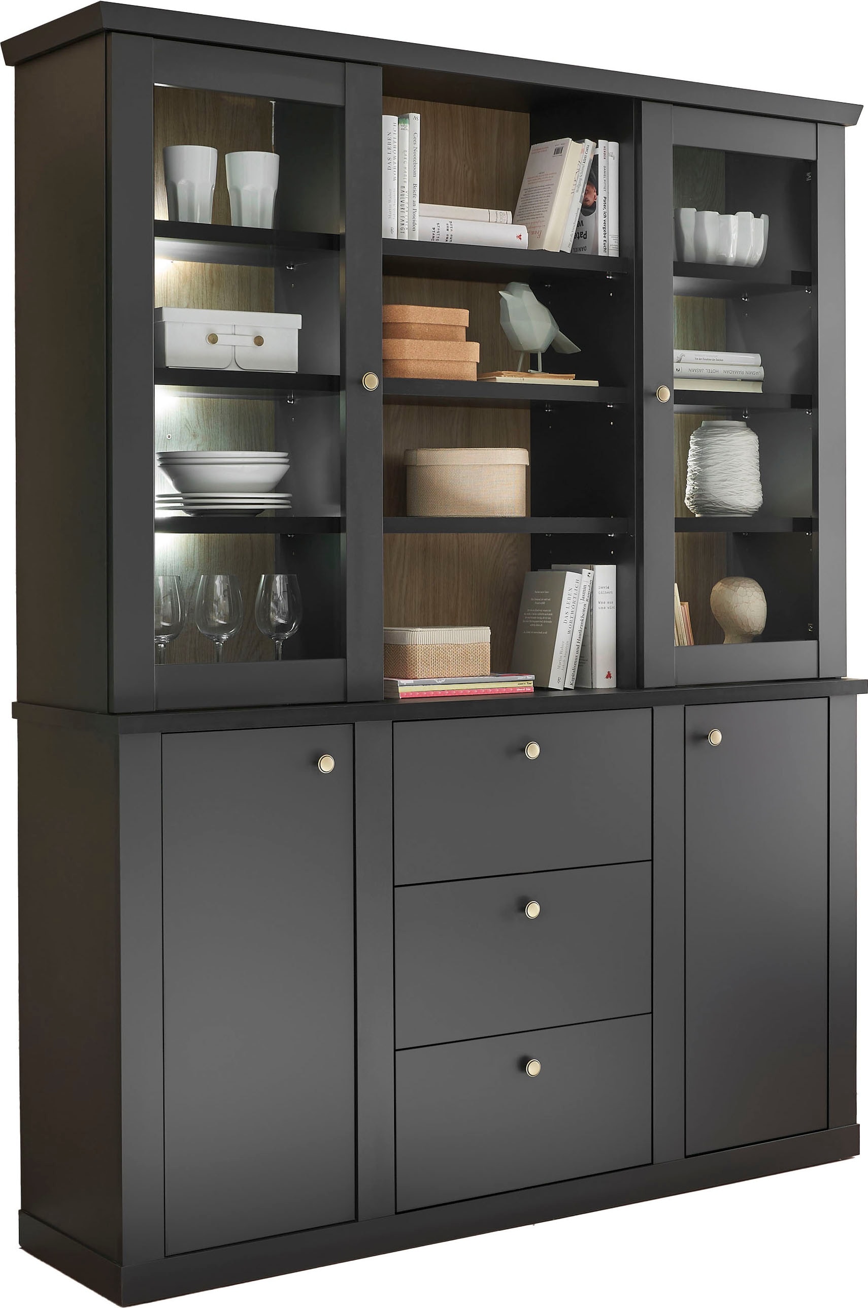 Home affaire Buffet »Lincoln, Hochschrank im Landhausstil, moderner Schrank« edles Design, messingfarbene Knopfgriffe, vielseitig einsetzbar